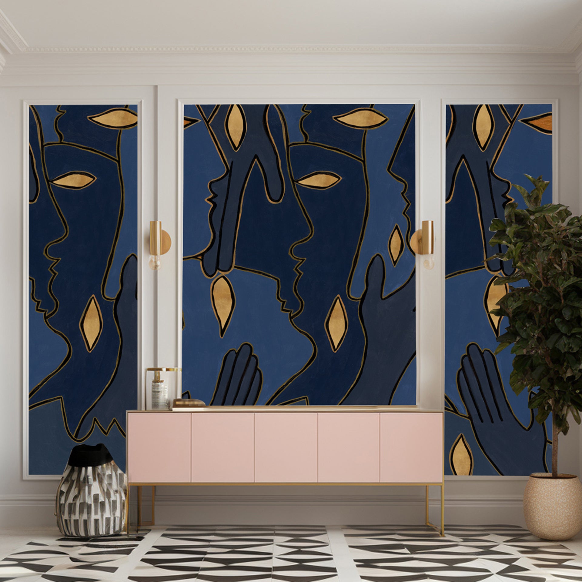 Face Art: A Modern, Abstract Line Art Illustration Featuring Silhouettes Of Faces In Deep Blue Tones, Accented With Gold.