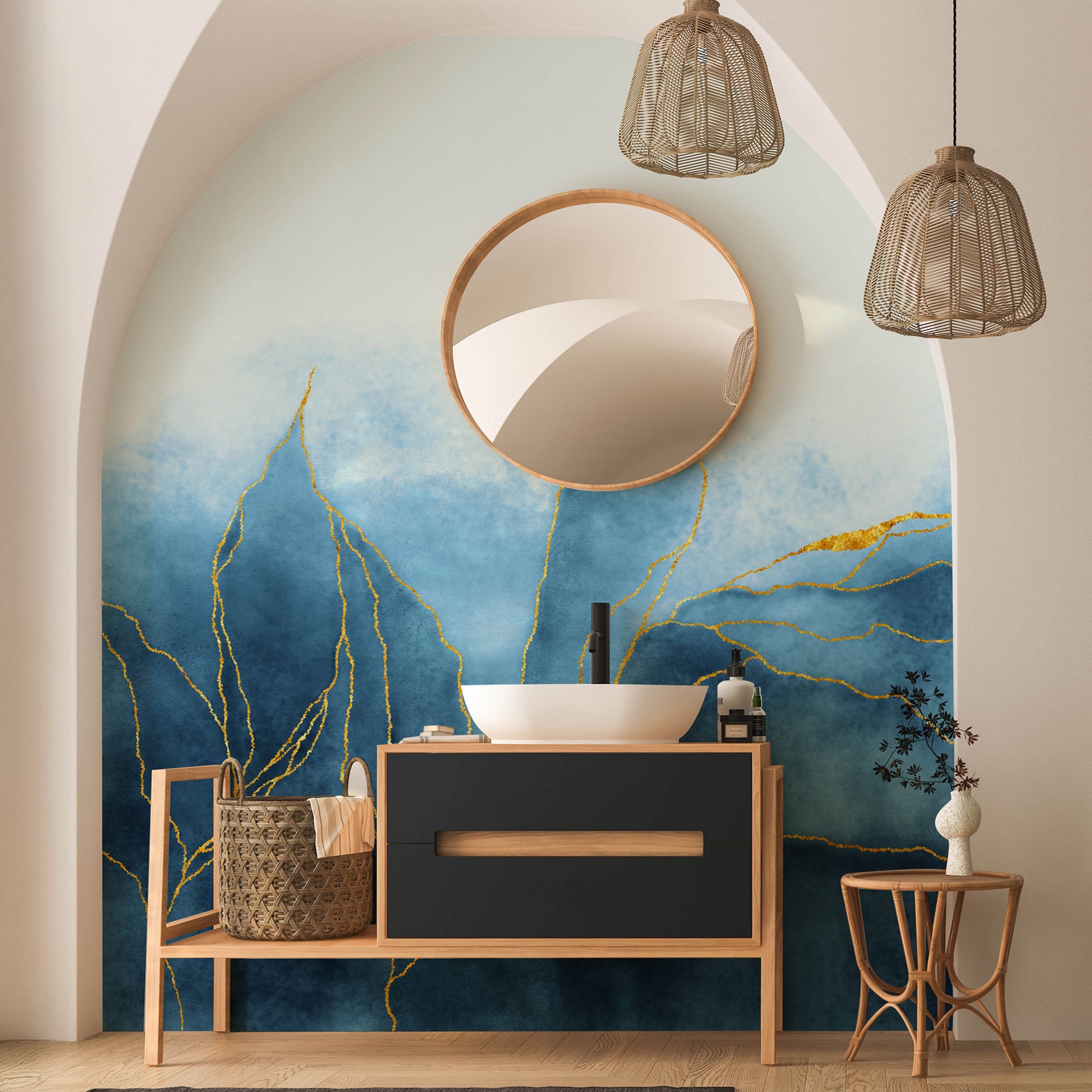 Serene Blue: Water Color Effect Wallpaper With Blue And Golden Lines