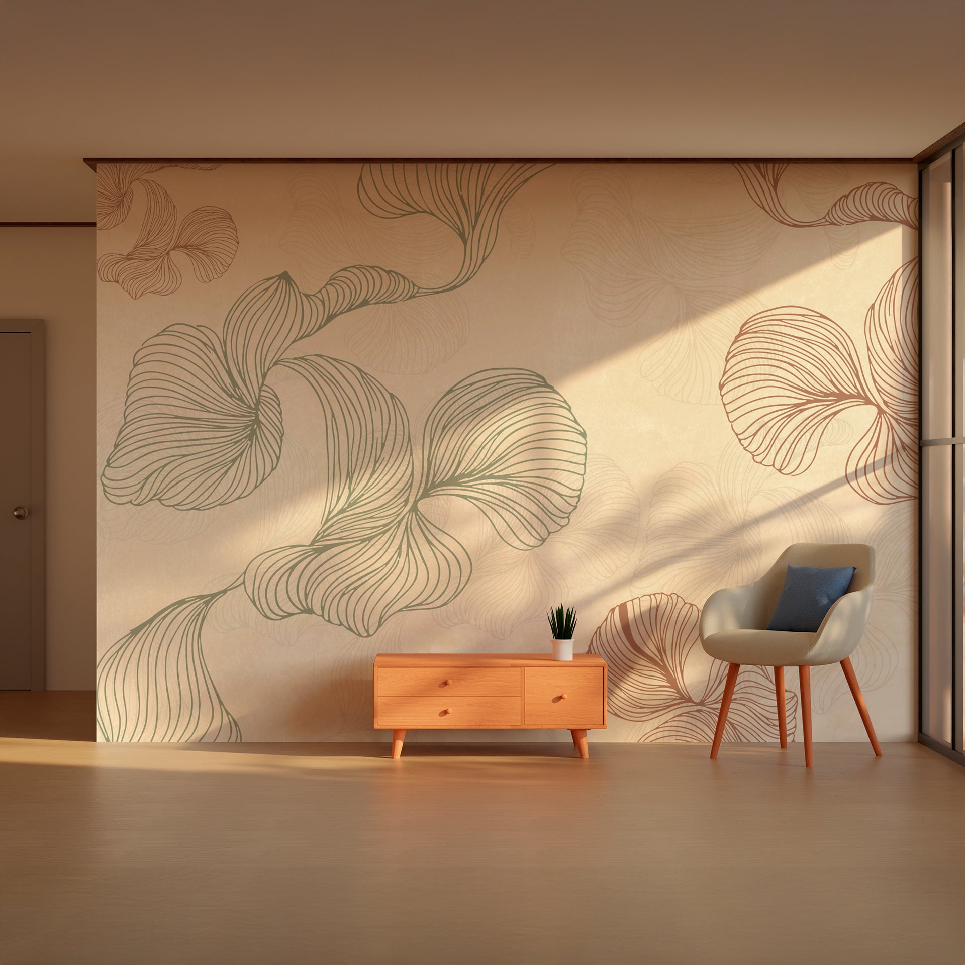 Abstract Botany: A Minimal, Abstract Botanical Wallpaper Featuring Flowing, Hand-Drawn Leaf Forms On A Warm Beige Background