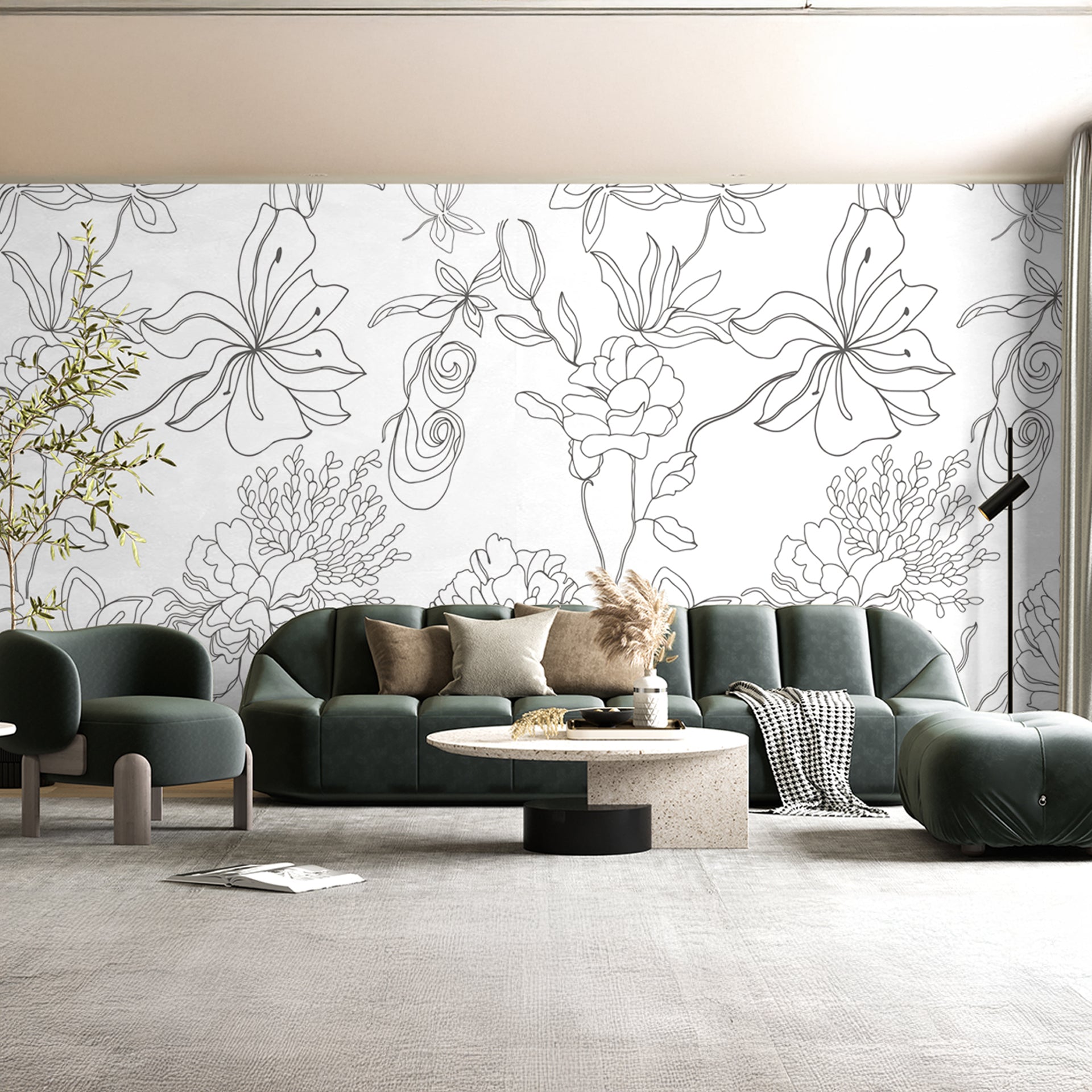 Line Art Flora: Floral Pattern Featuring Hand-Drawn, Elegant Line Art Of Blooming Flowers And Delicate Leaves
