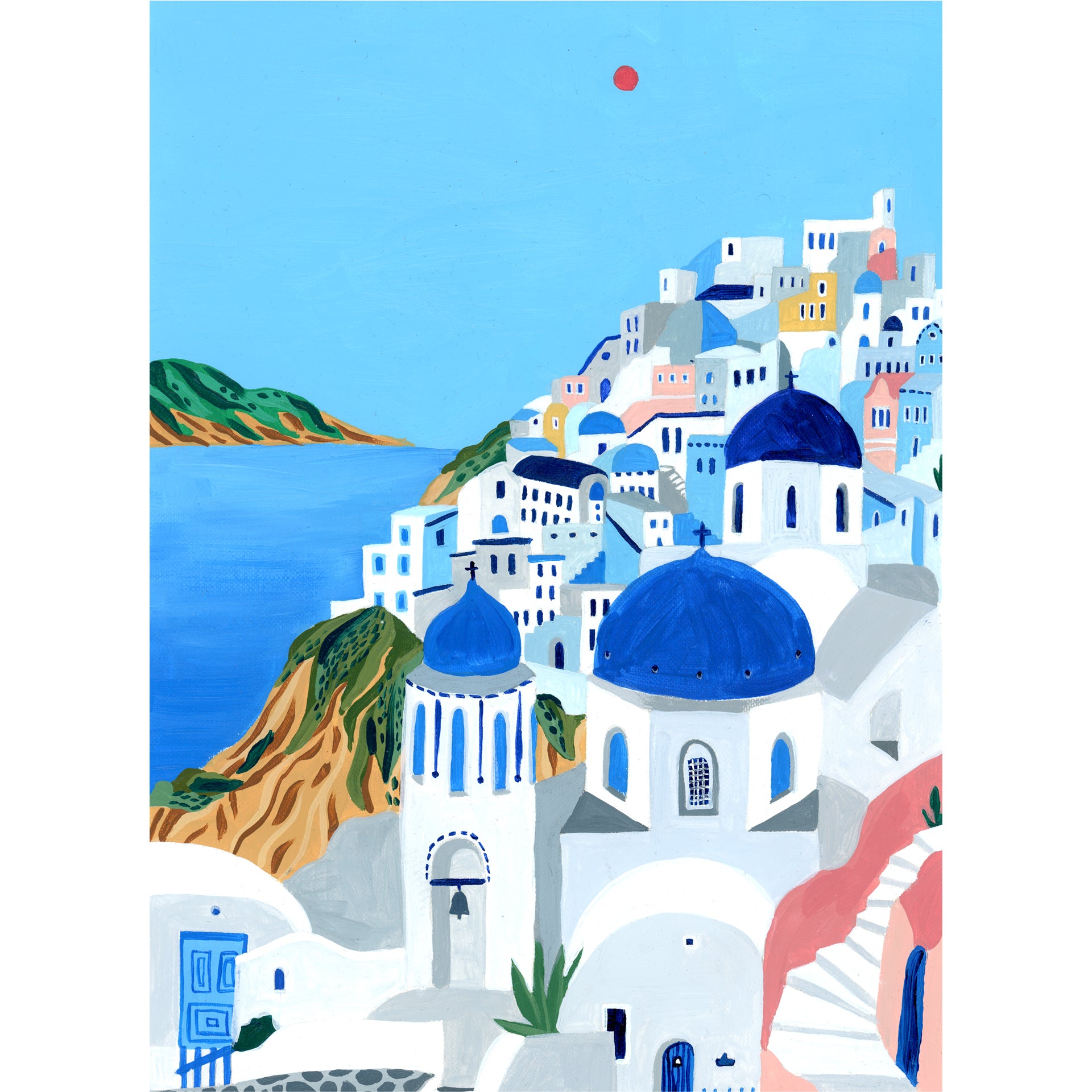 Greek Vibes: Colorful Art Illustration Of Greek Island Santorini Landscape