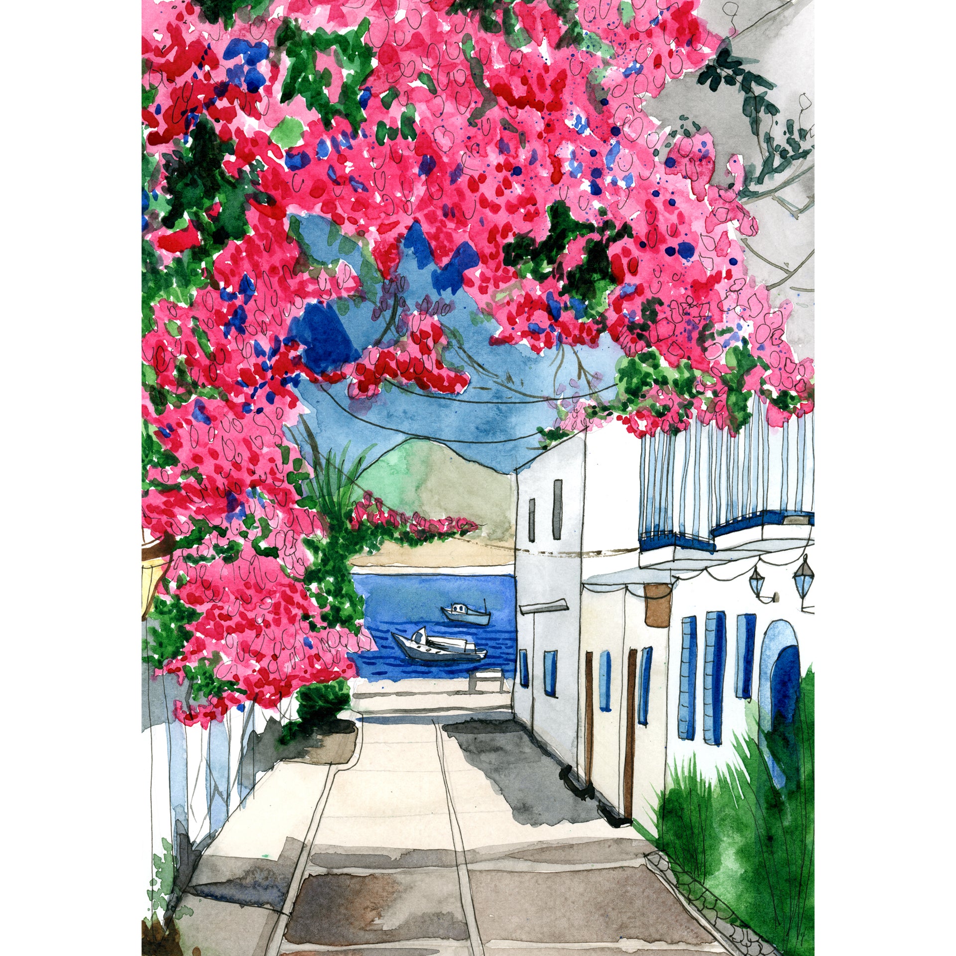 Charming Coast: Coastal Village With Vibrant Flowers And Blue Waters