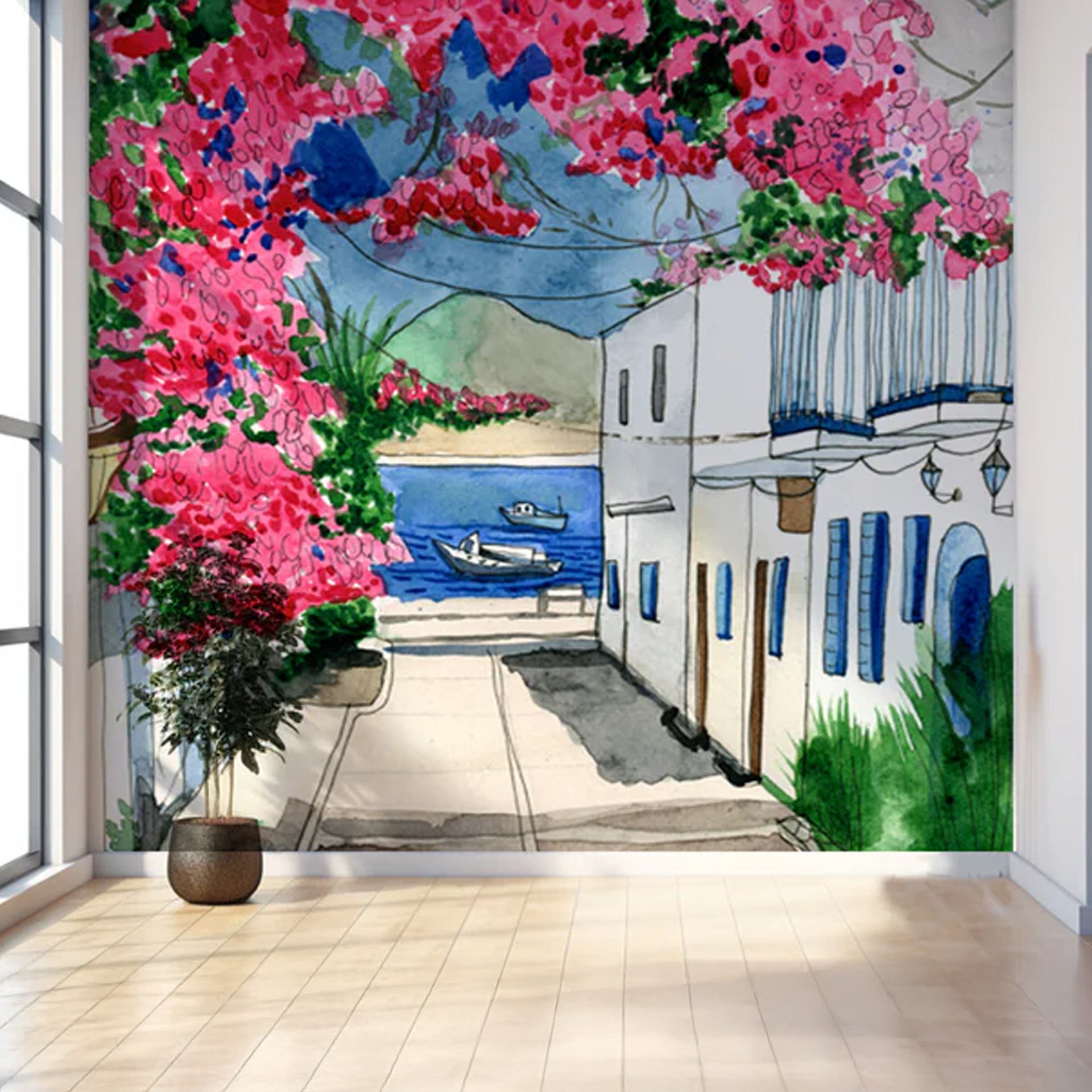 Charming Coast: Coastal Village With Vibrant Flowers And Blue Waters