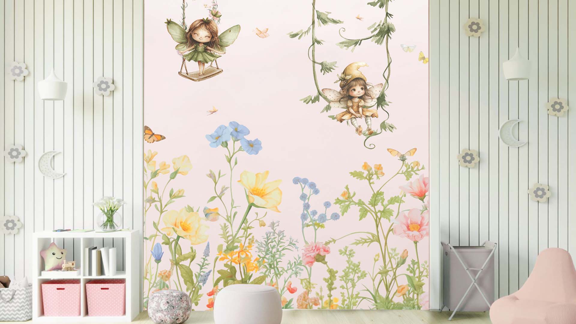 Fairy Swinging Wallpaper with Blooming Wildflowers