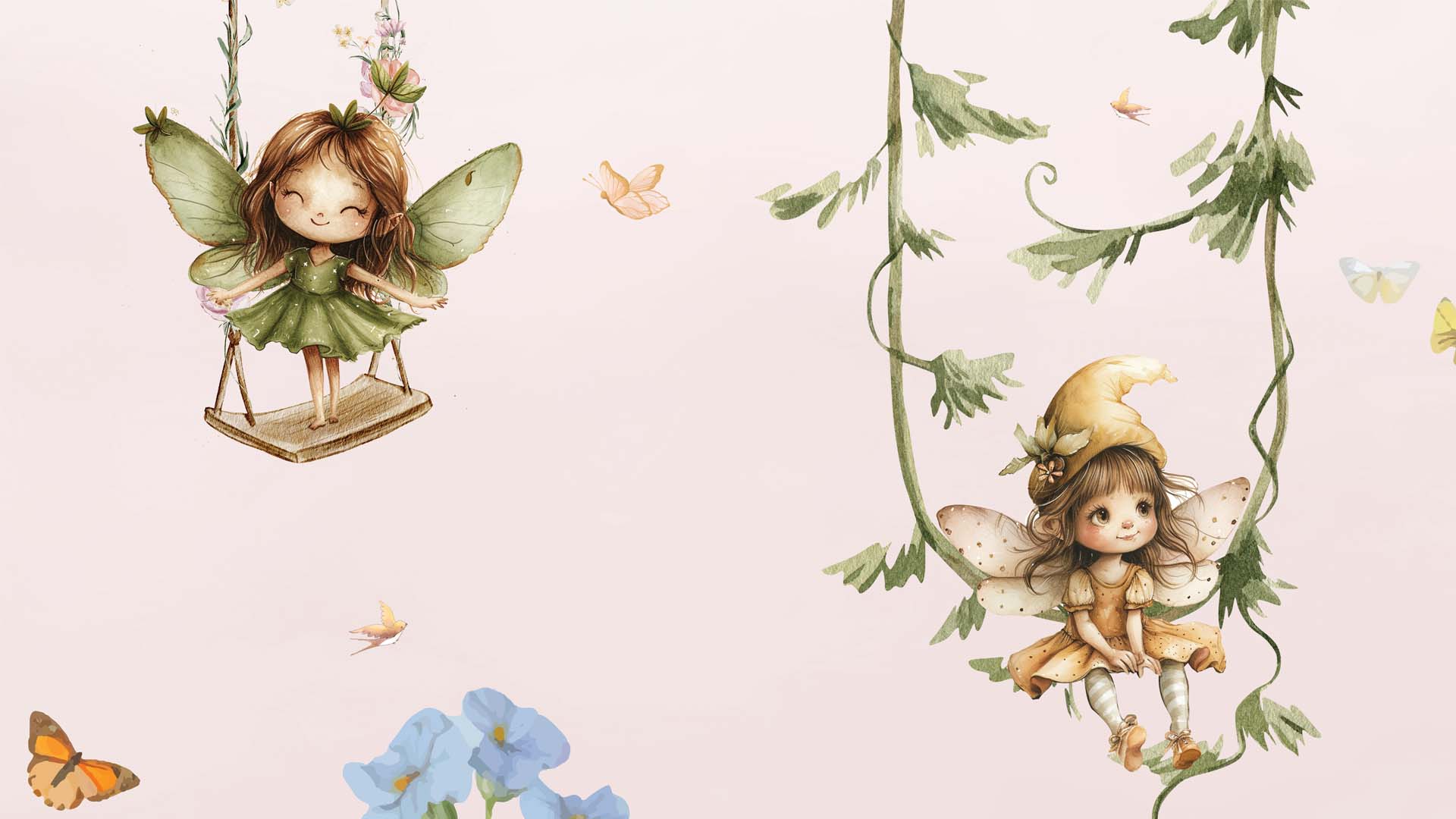 Fairy Swinging Wallpaper with Blooming Wildflowers