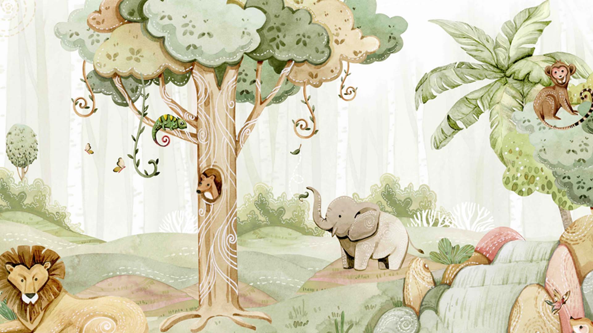 Whimsicalcal Jungle Scene With Playful Animals in Watercolor