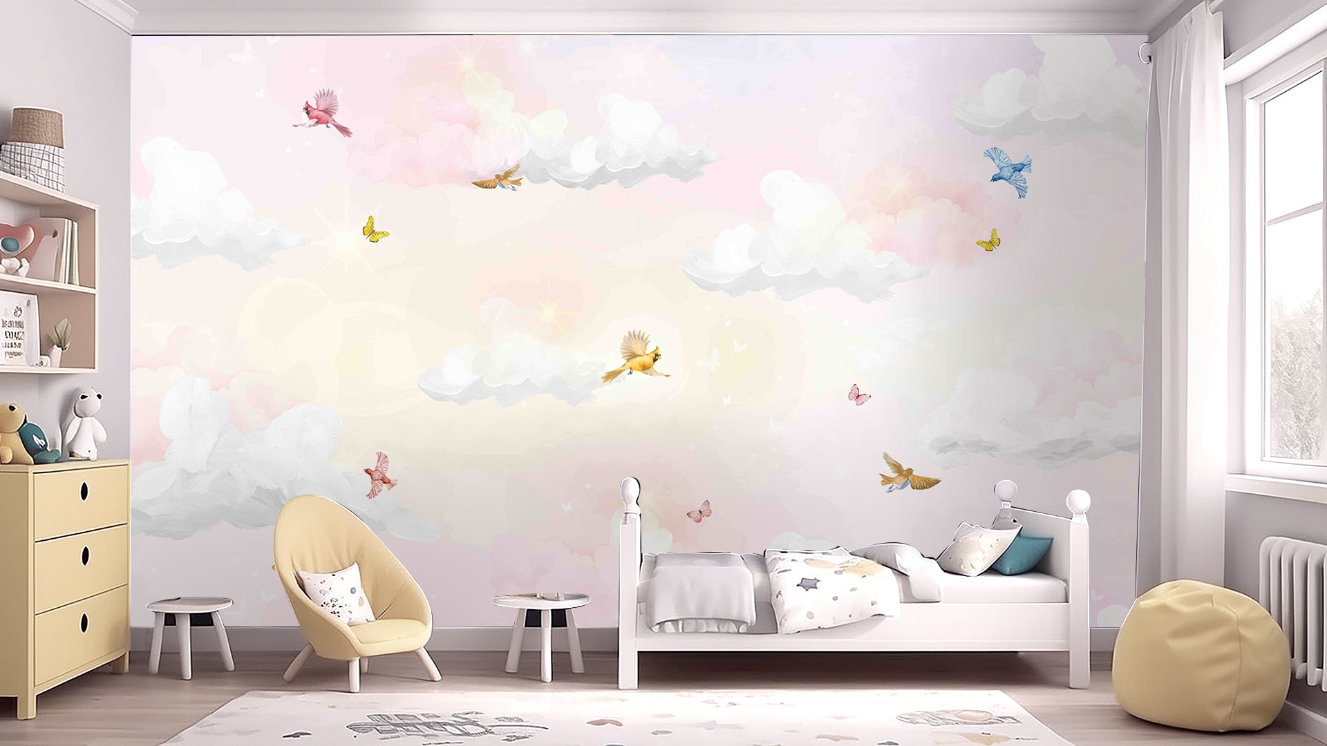 Whimsical Sky With Birds And Butterflies In Soft Pastel Hues