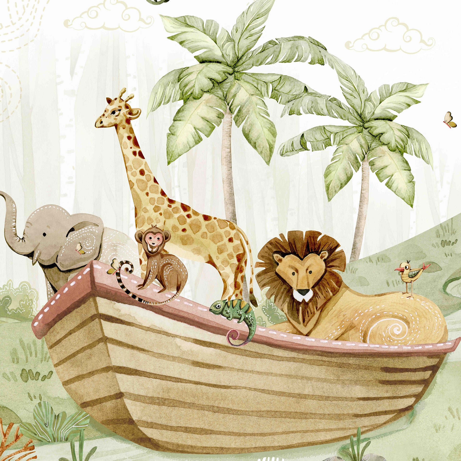 Safari Animals in a Boat Amidst Lush Jungle Illustration