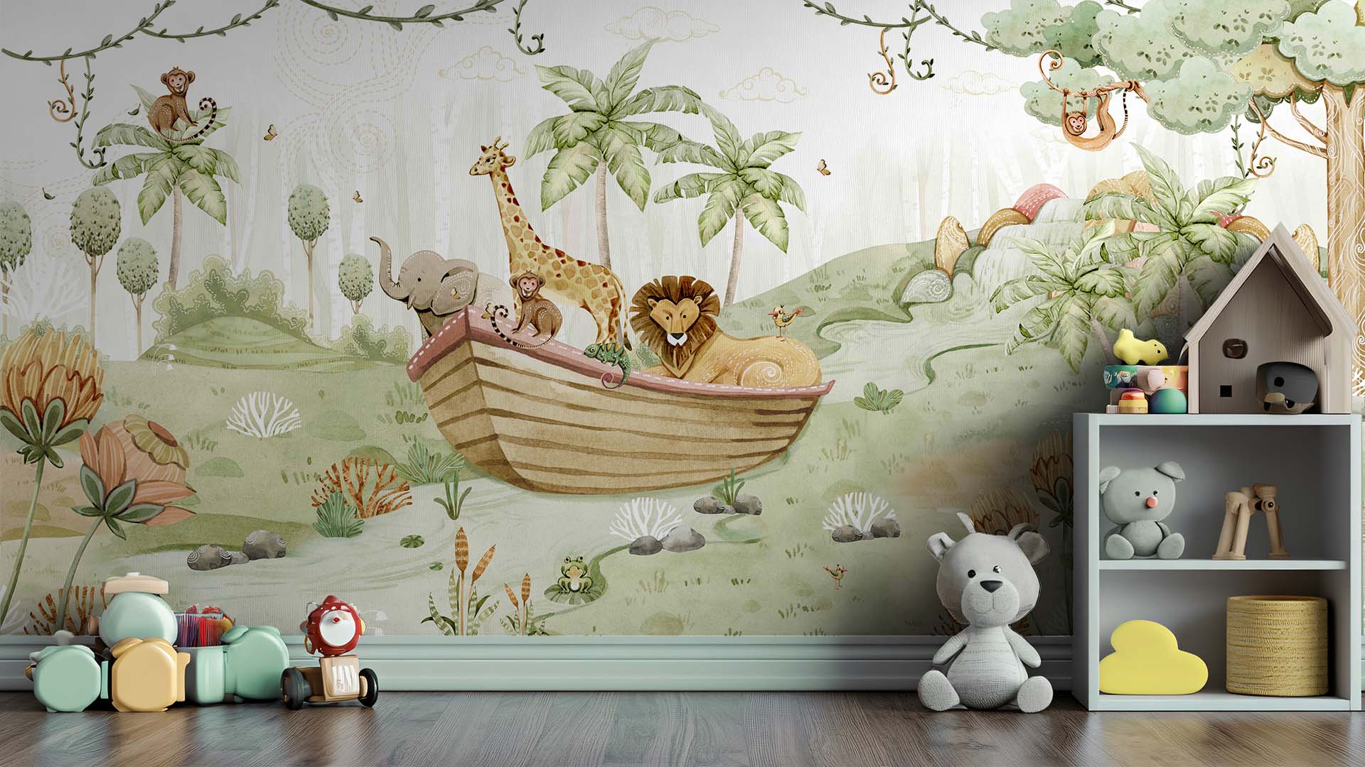 Safari Animals in a Boat Amidst Lush Jungle Illustration