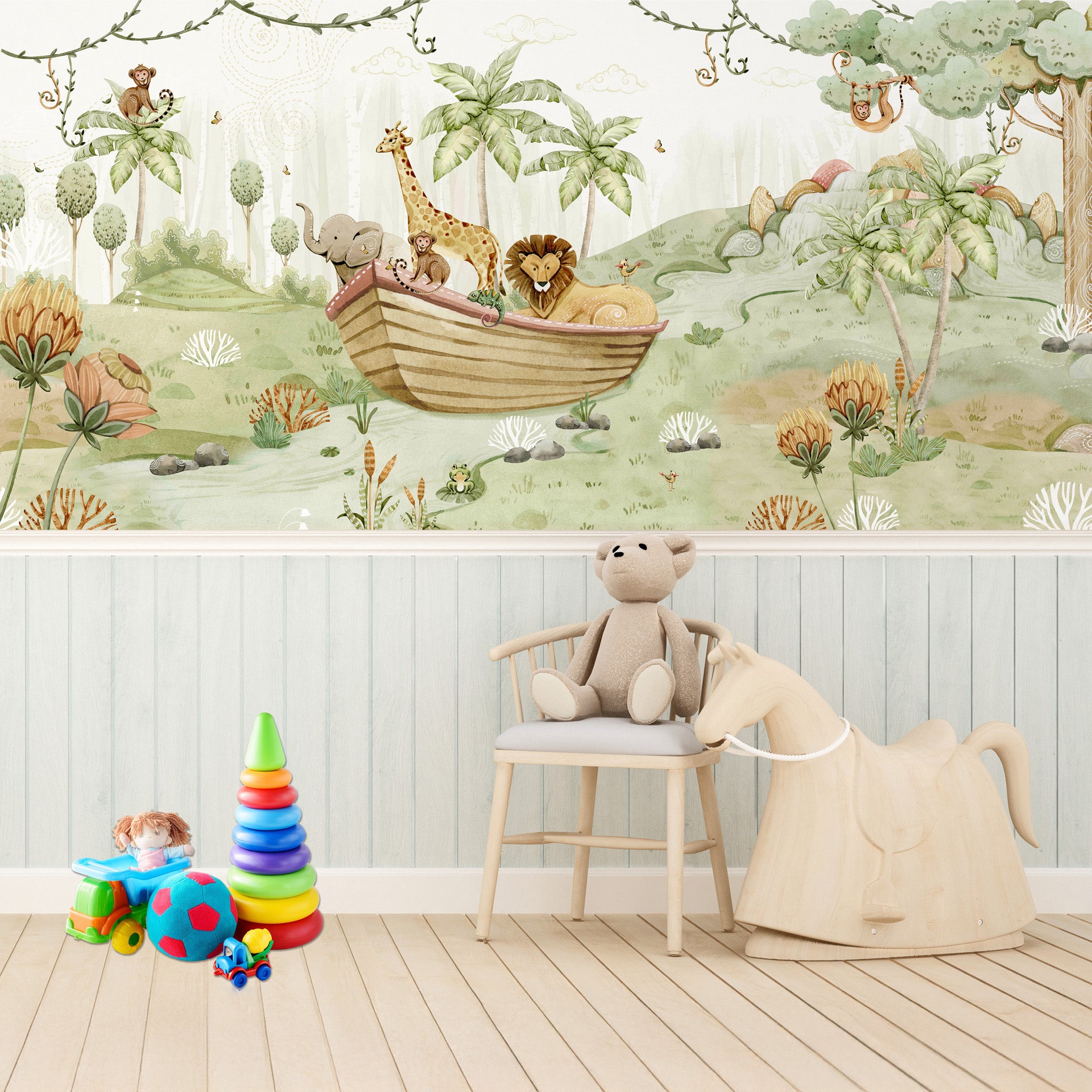 Safari Animals in a Boat Amidst Lush Jungle Illustration