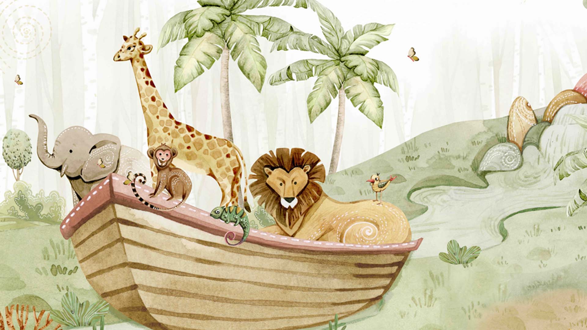 Safari Animals in a Boat Amidst Lush Jungle Illustration