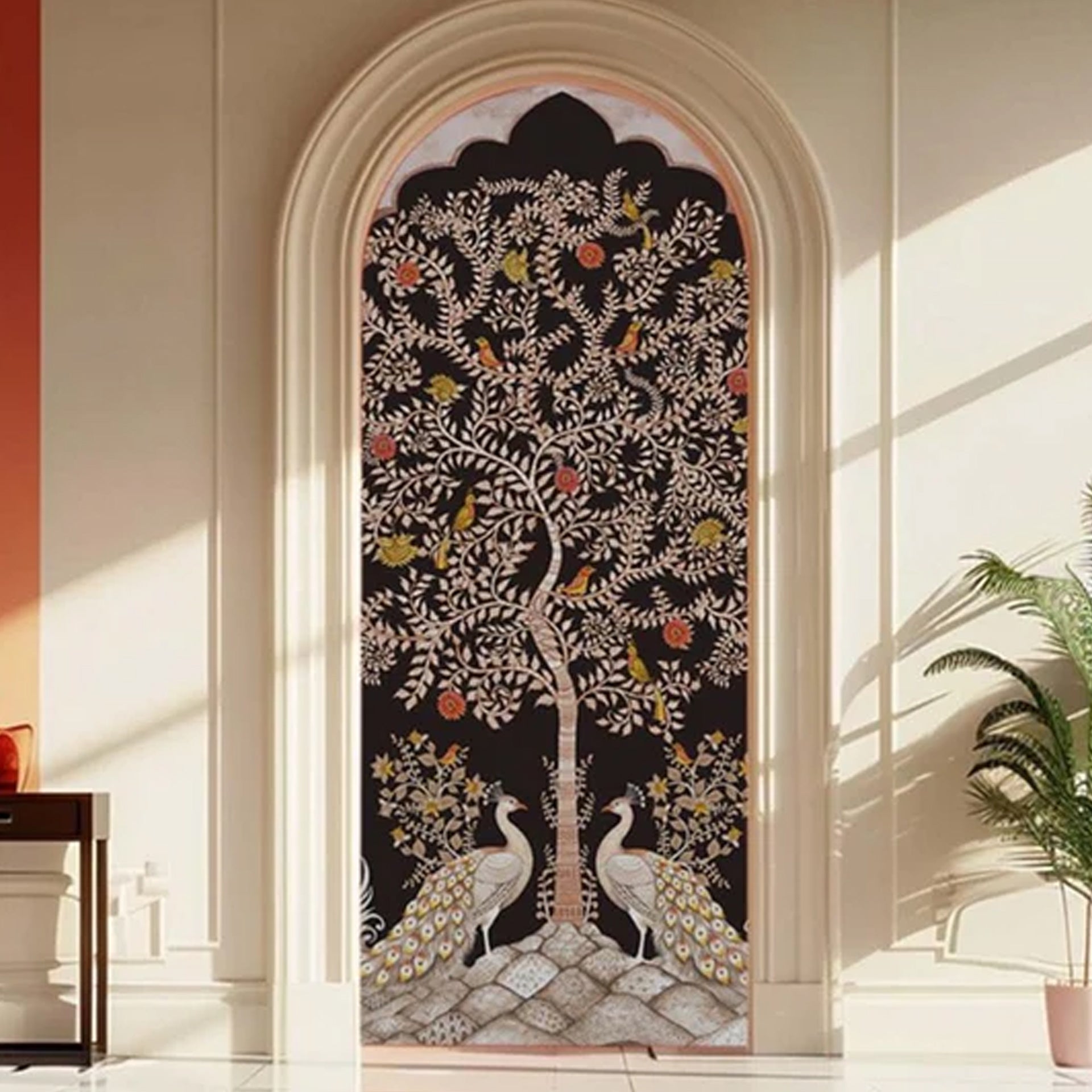 Tree of Harmony-Artistic Depiction of Tree with Birds and Peacocks in Ornate Style