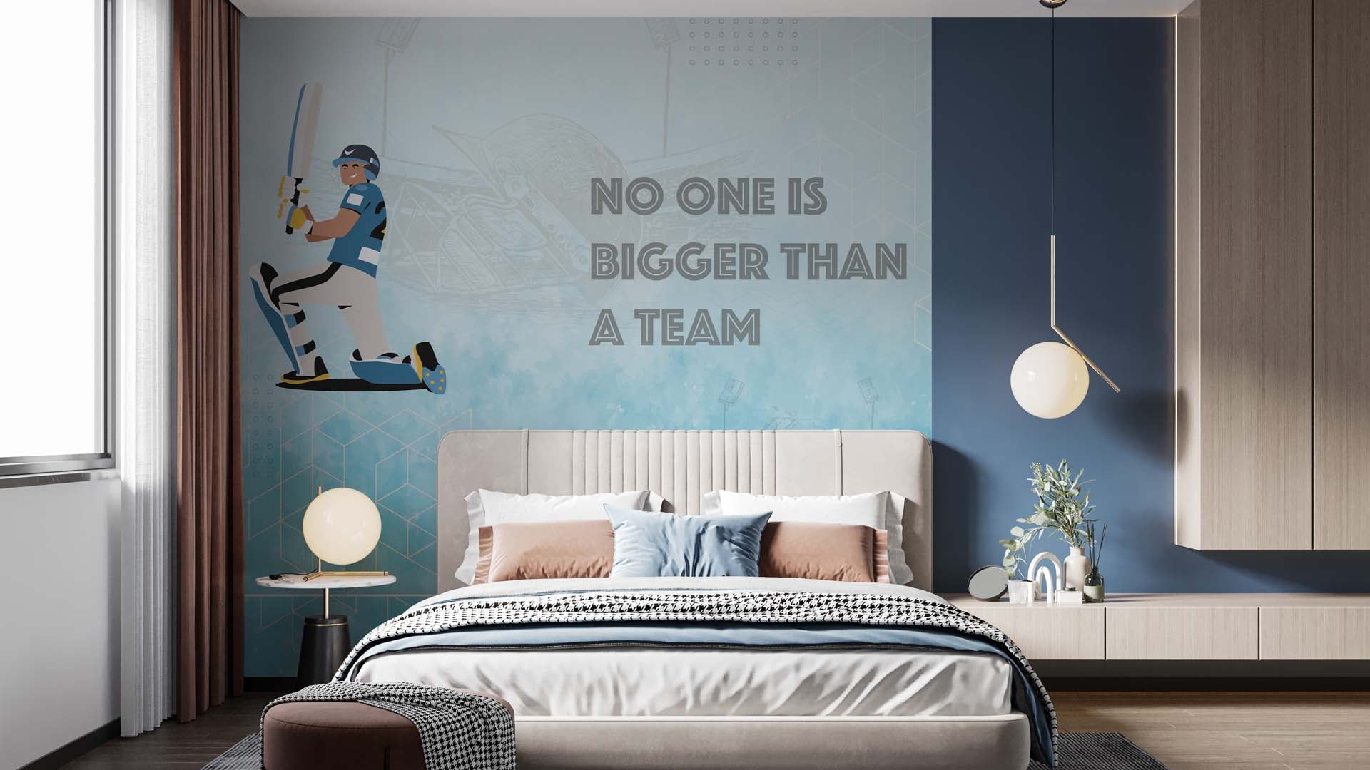 Inspirational Cricket Player Illustration with Teamwork Quote on Background