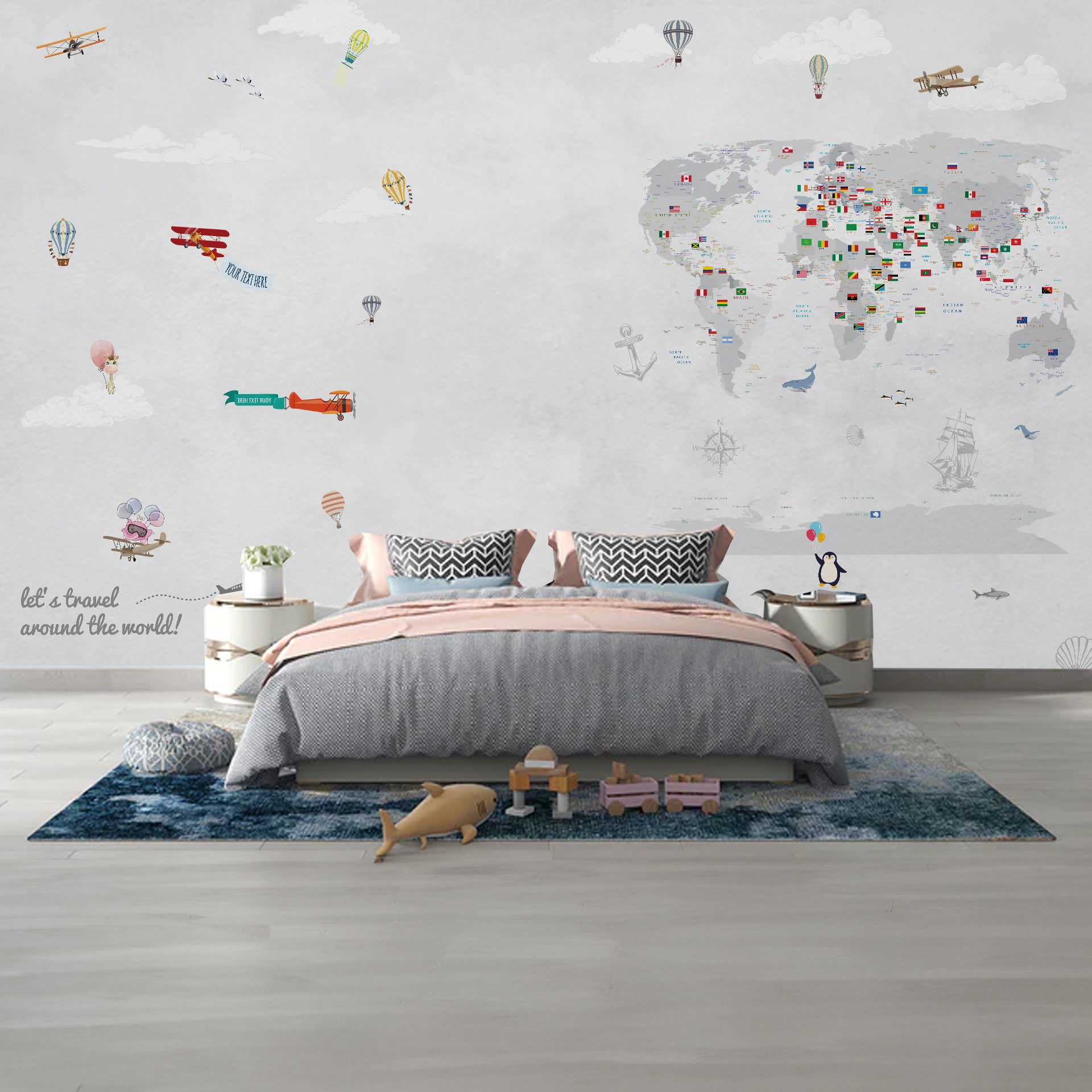 Illustrated World Map Featuring Airplanes and Travel Elements