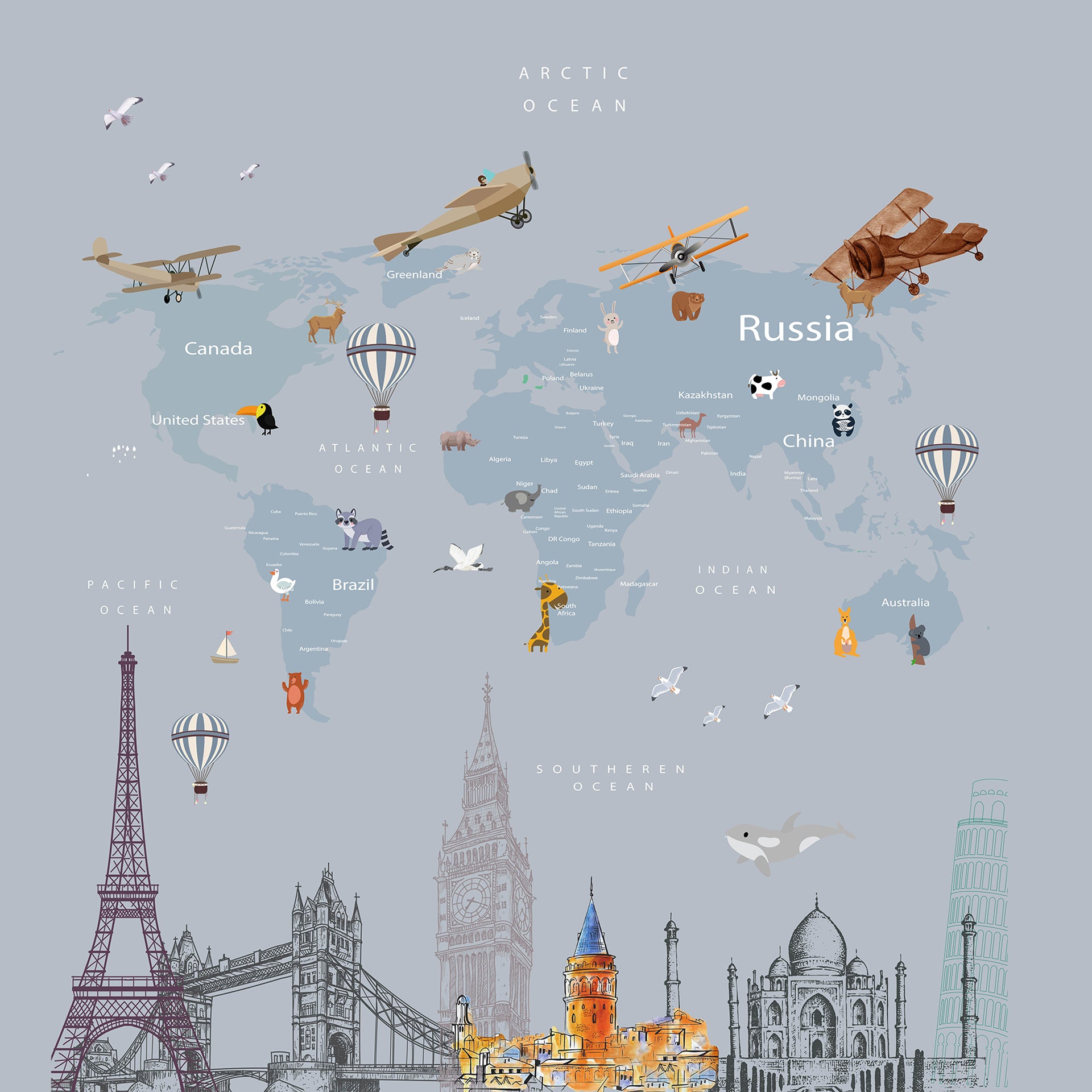 Whimsical Illustrated World Map Featuring Iconic Landmarks And Vintage Planes