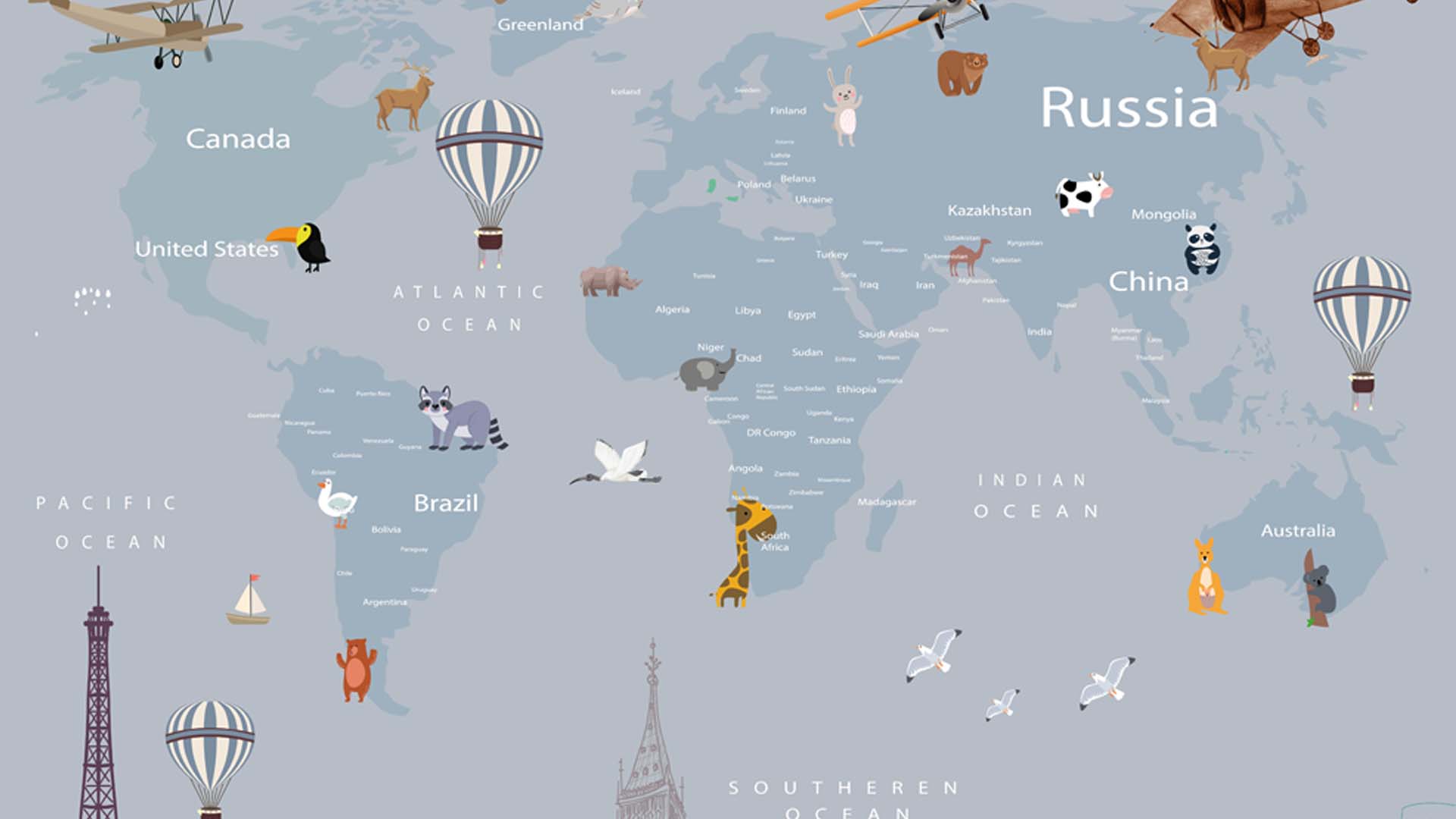 Whimsical Illustrated World Map Featuring Iconic Landmarks And Vintage Planes