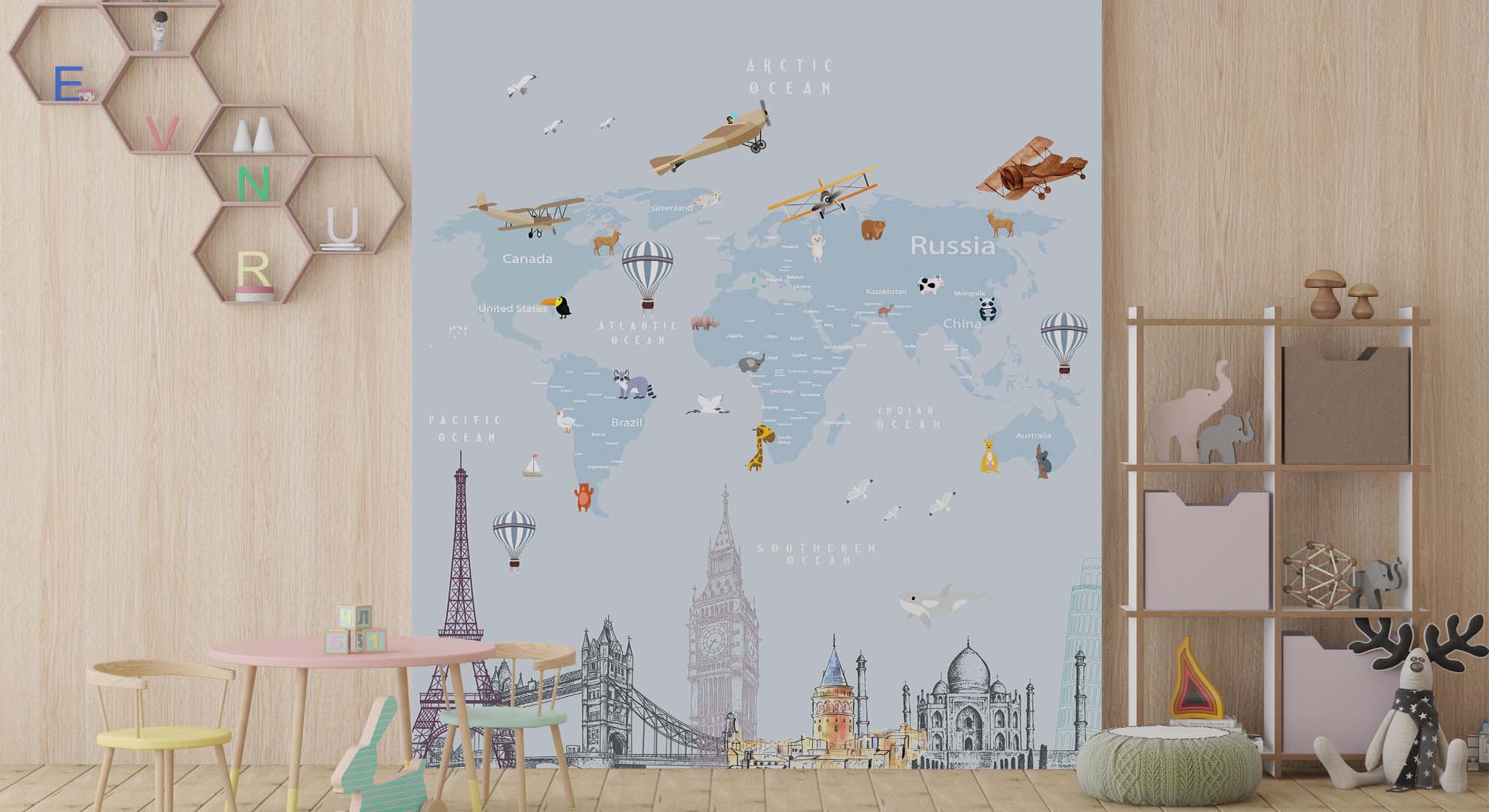 Whimsical Illustrated World Map Featuring Iconic Landmarks And Vintage Planes