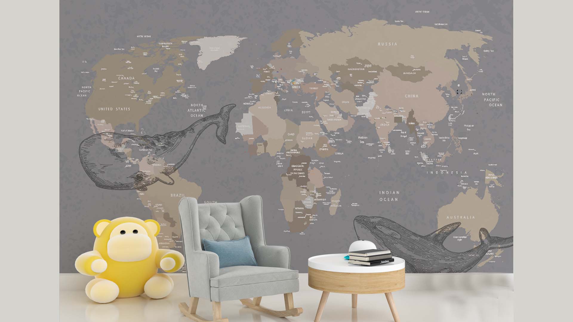 World Map Illustration Featuring Whales In Oceans Around The Globe