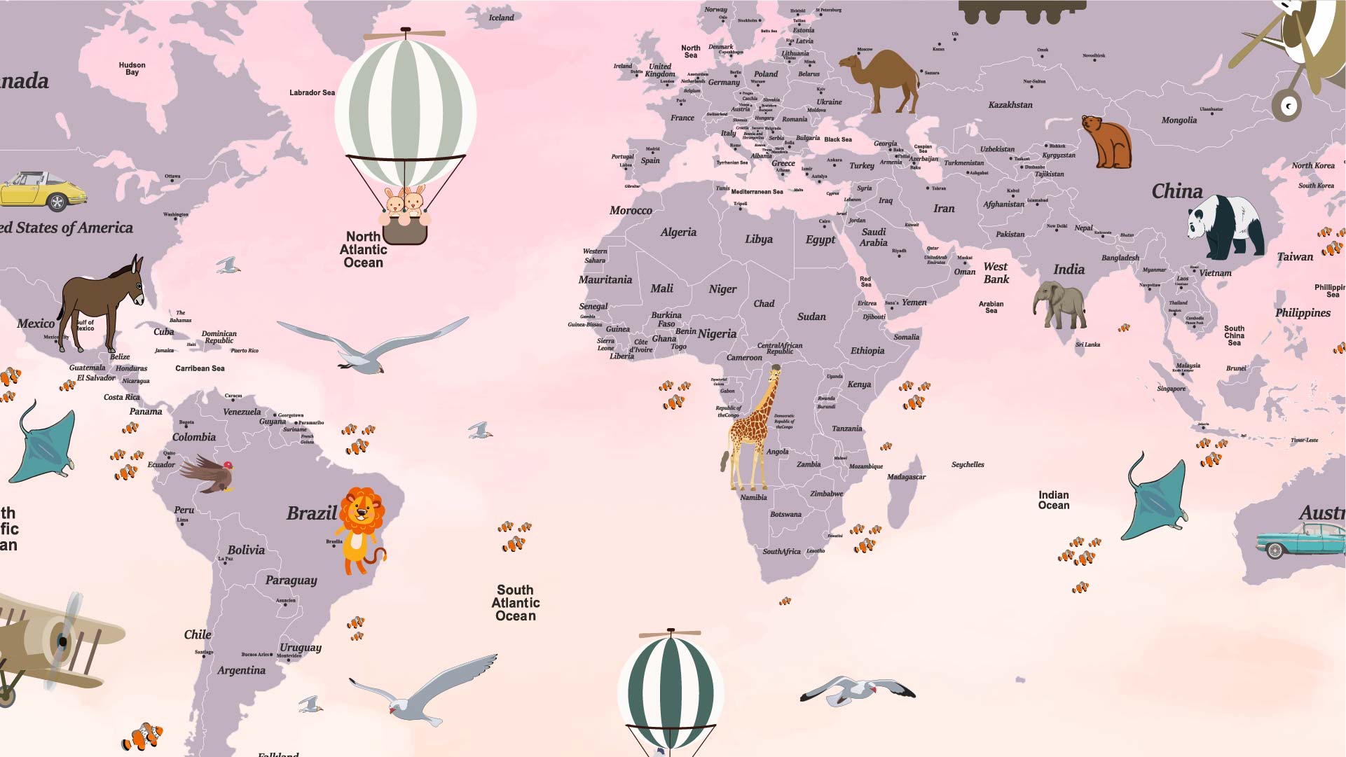 Illustrated World Map Featuring Animals and Vintage Airplanes