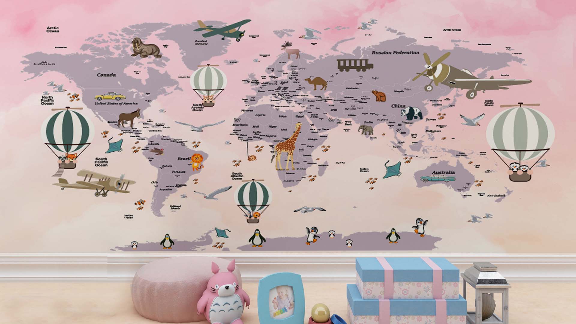 Illustrated World Map Featuring Animals and Vintage Airplanes