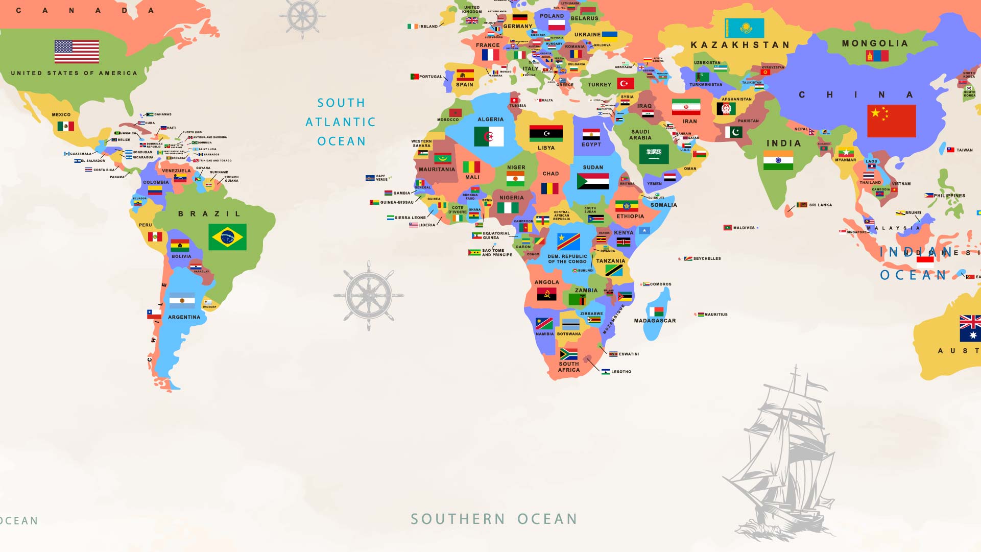 Colorful World Map Featuring Flags of Different Countries