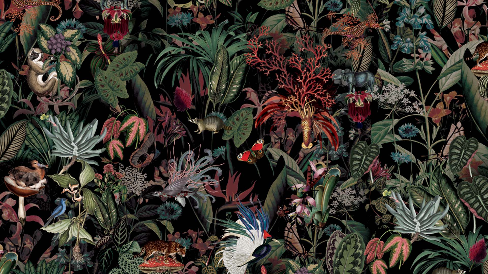 Exotic Animals and Lush Foliage in Dark Tones