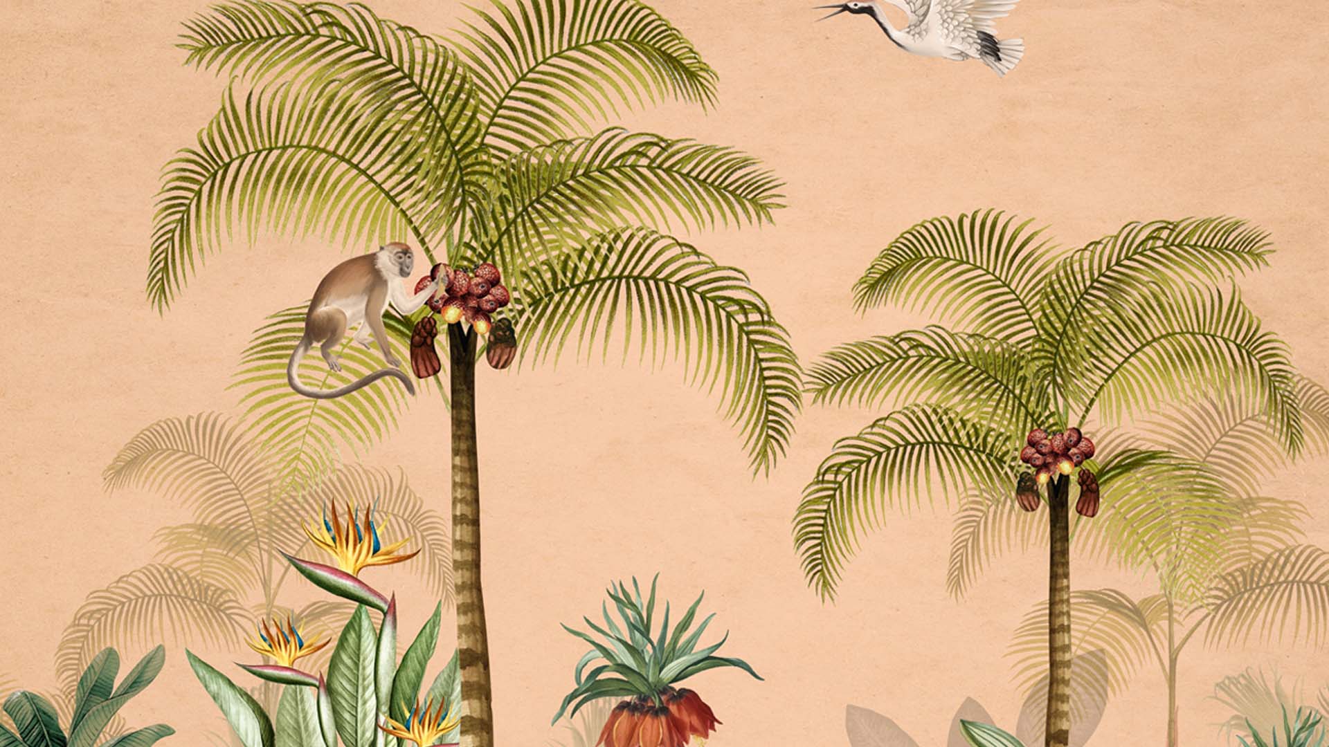 Vintage Tropical Landscape With Exotic Birds and Lush Palm Trees