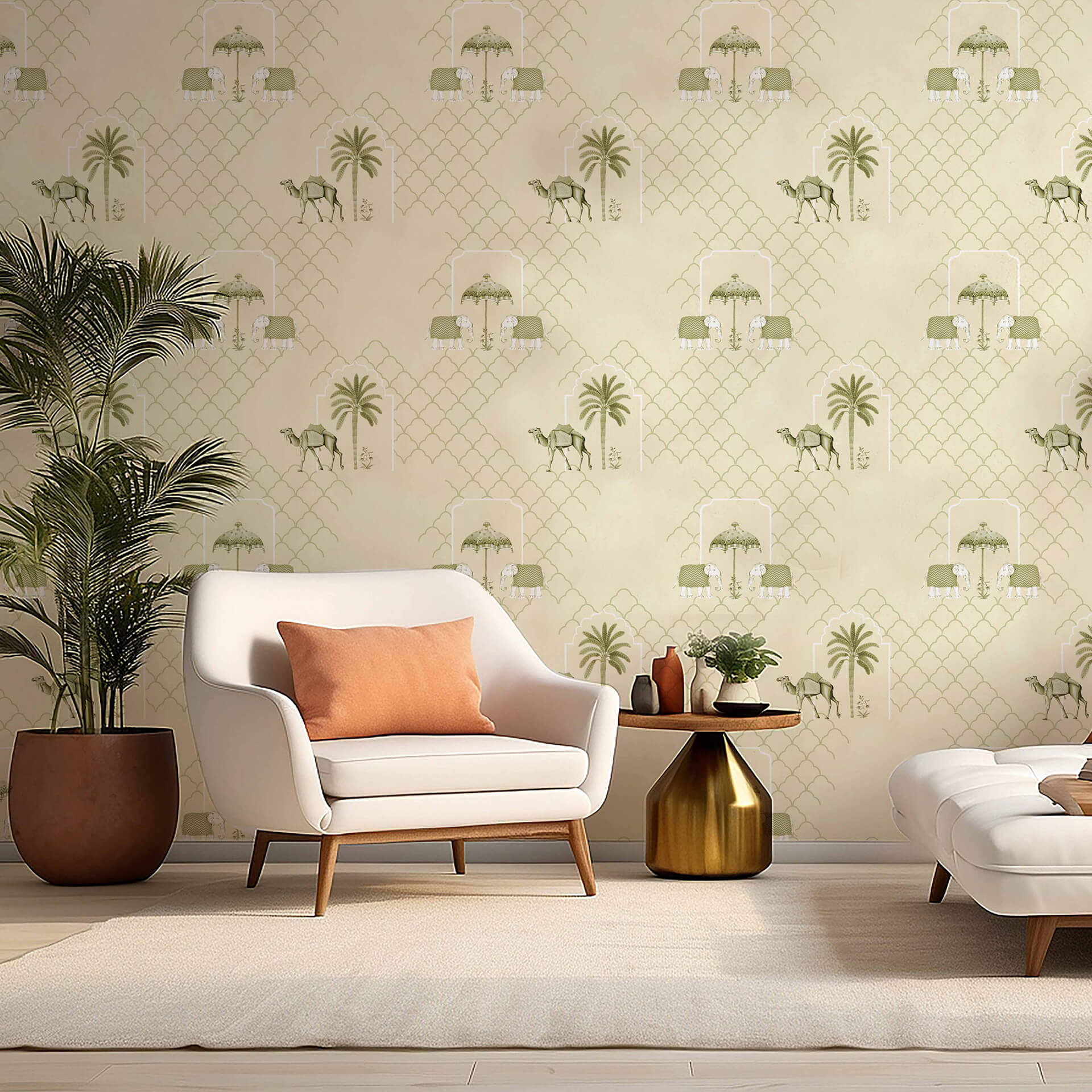 The Gentle Gathering: Decorative King's Elephants & Camel Motifs Wallpaper with Umbrellas and Palm Trees