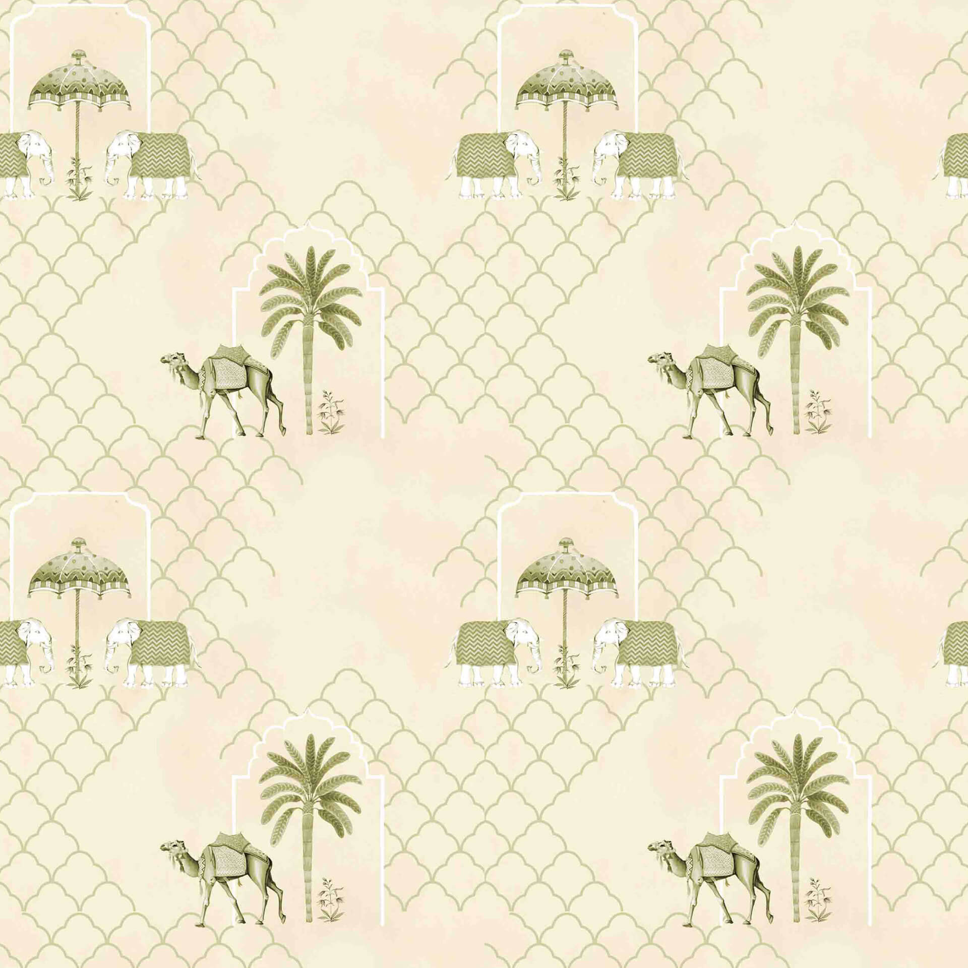 The Gentle Gathering: Decorative King's Elephants & Camel Motifs Wallpaper with Umbrellas and Palm Trees