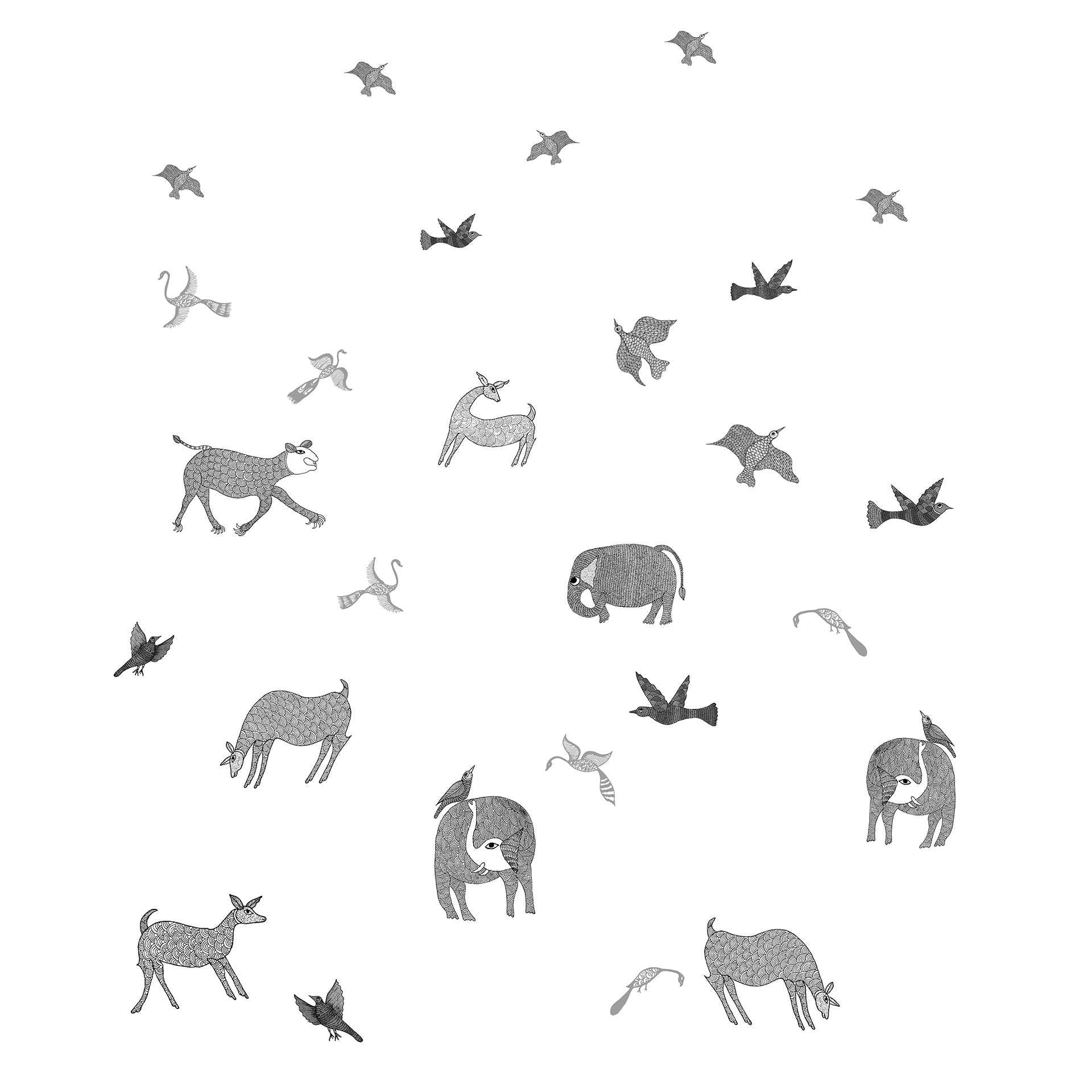 TINY TAILS-Playful Animals and Birds Pattern in Monochrome with a Whimsical Art Style