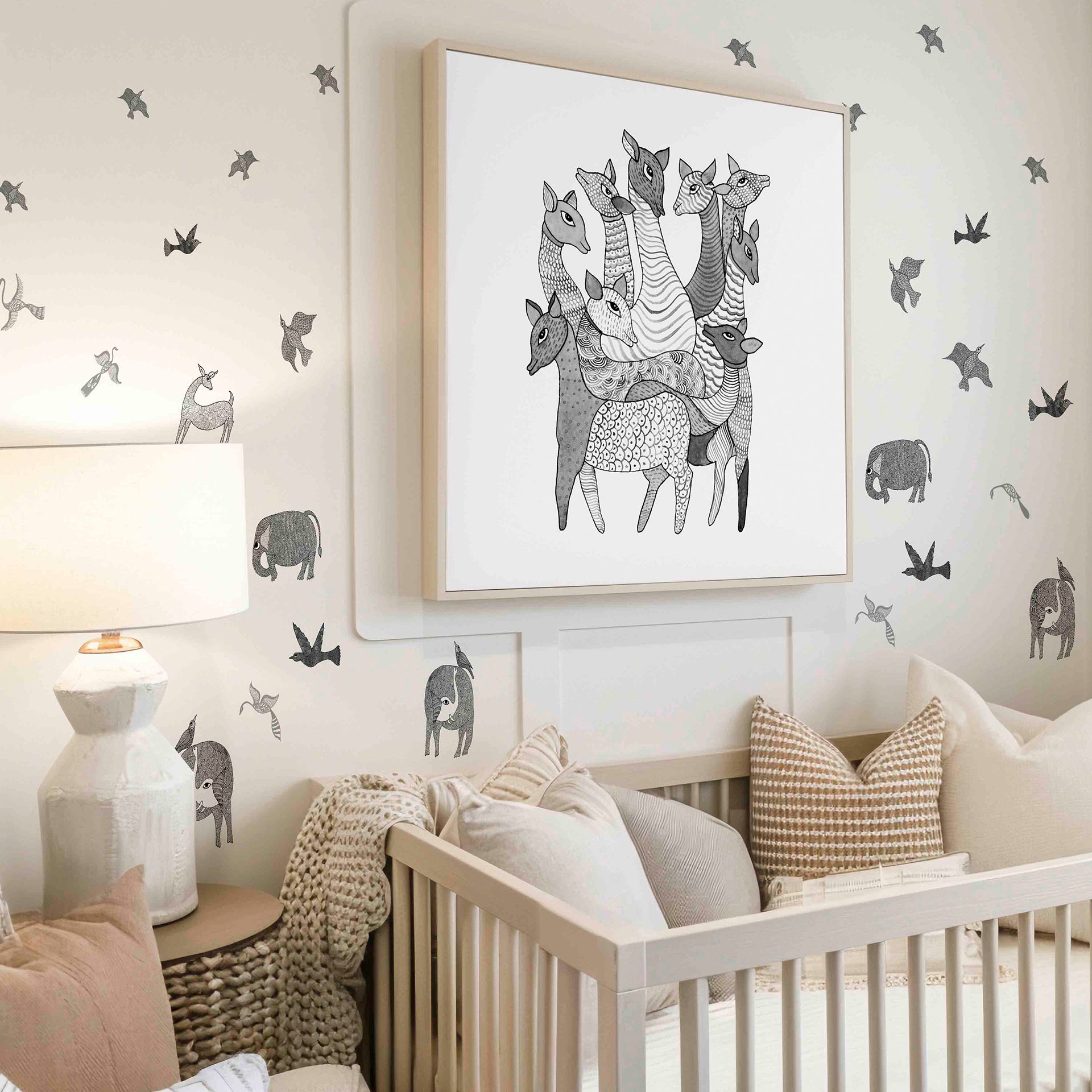 TINY TAILS-Playful Animals and Birds Pattern in Monochrome with a Whimsical Art Style