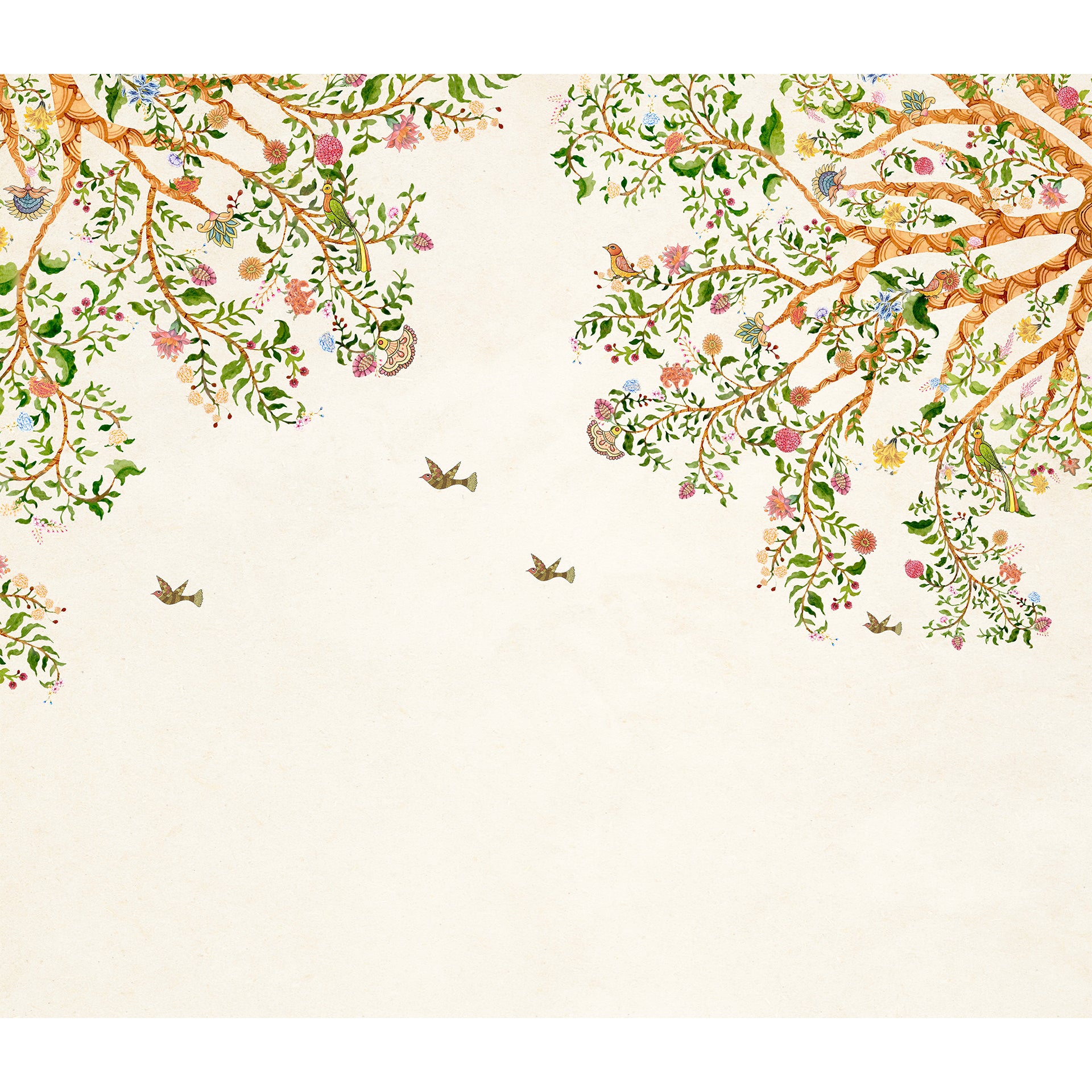 Vibrant Grove-Colorful Tree Branches With Birds and Flowers on Vintage Background