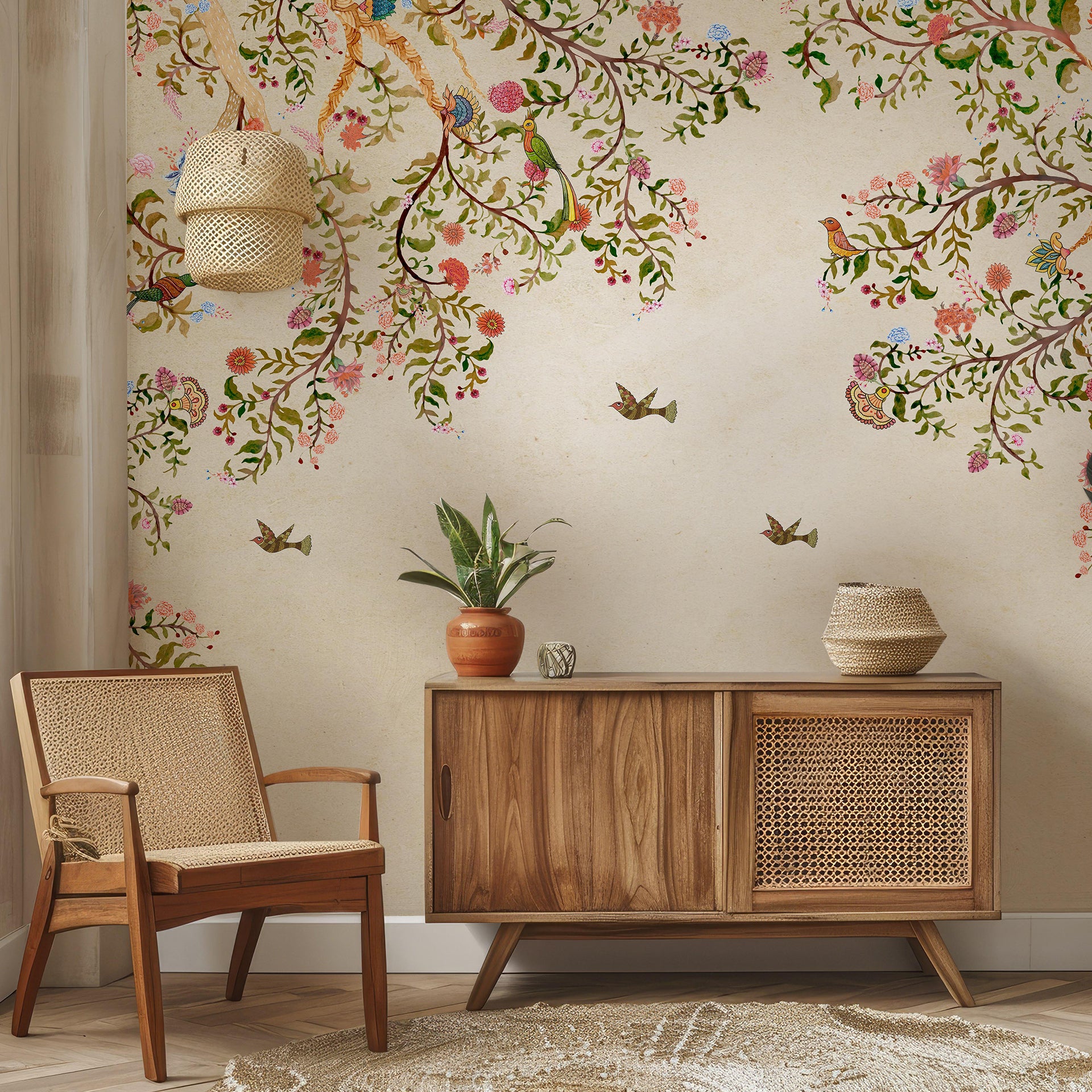 Vibrant Grove-Colorful Tree Branches With Birds and Flowers on Vintage Background