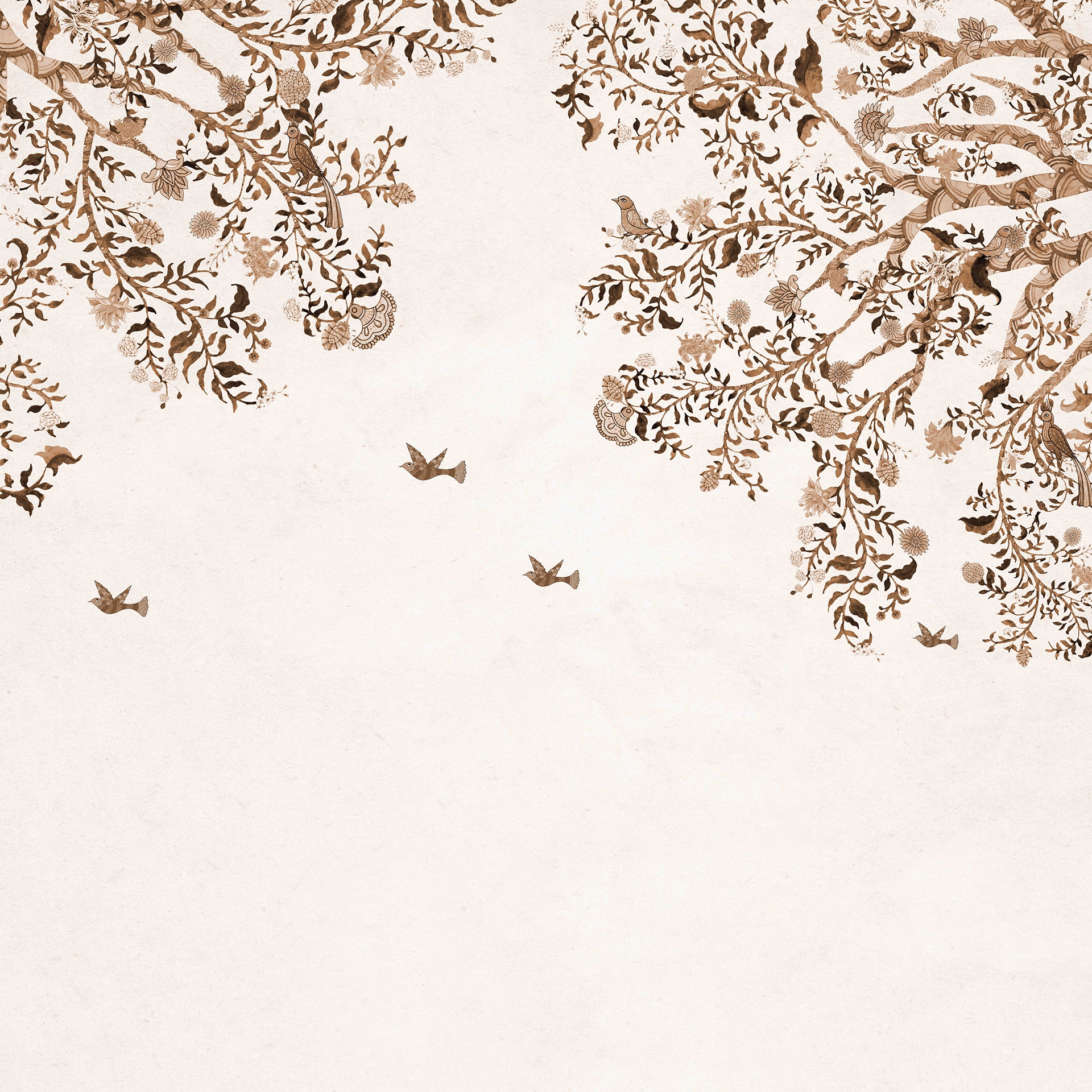 Vibrant Grove Sepia-Elegant Floral Illustration With Subtle Birds On a Neutral Background
