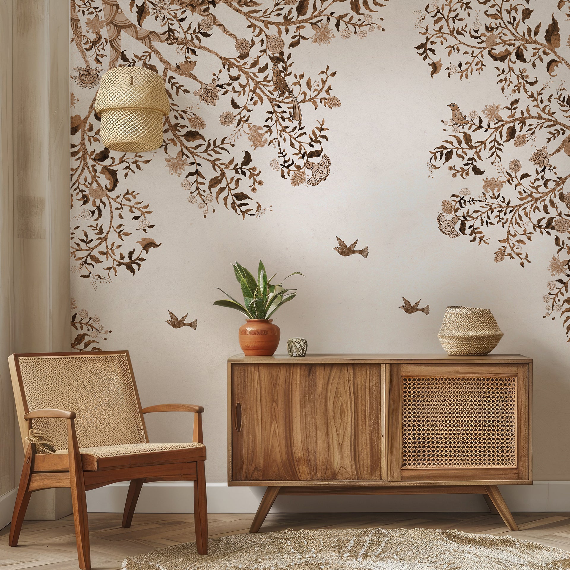 Vibrant Grove Sepia-Elegant Floral Illustration With Subtle Birds On a Neutral Background