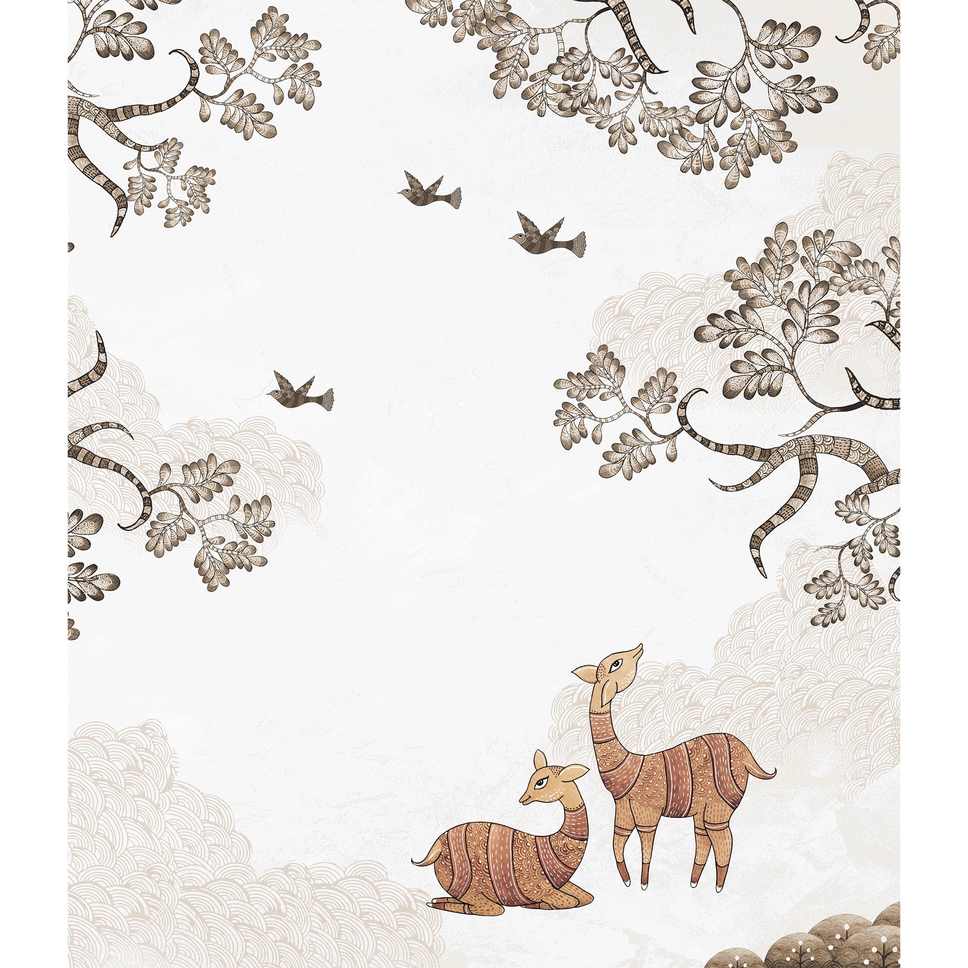 Shade of Stillness-Elegant Nature Illustration Featuring Deer and Birds Among Artful Trees