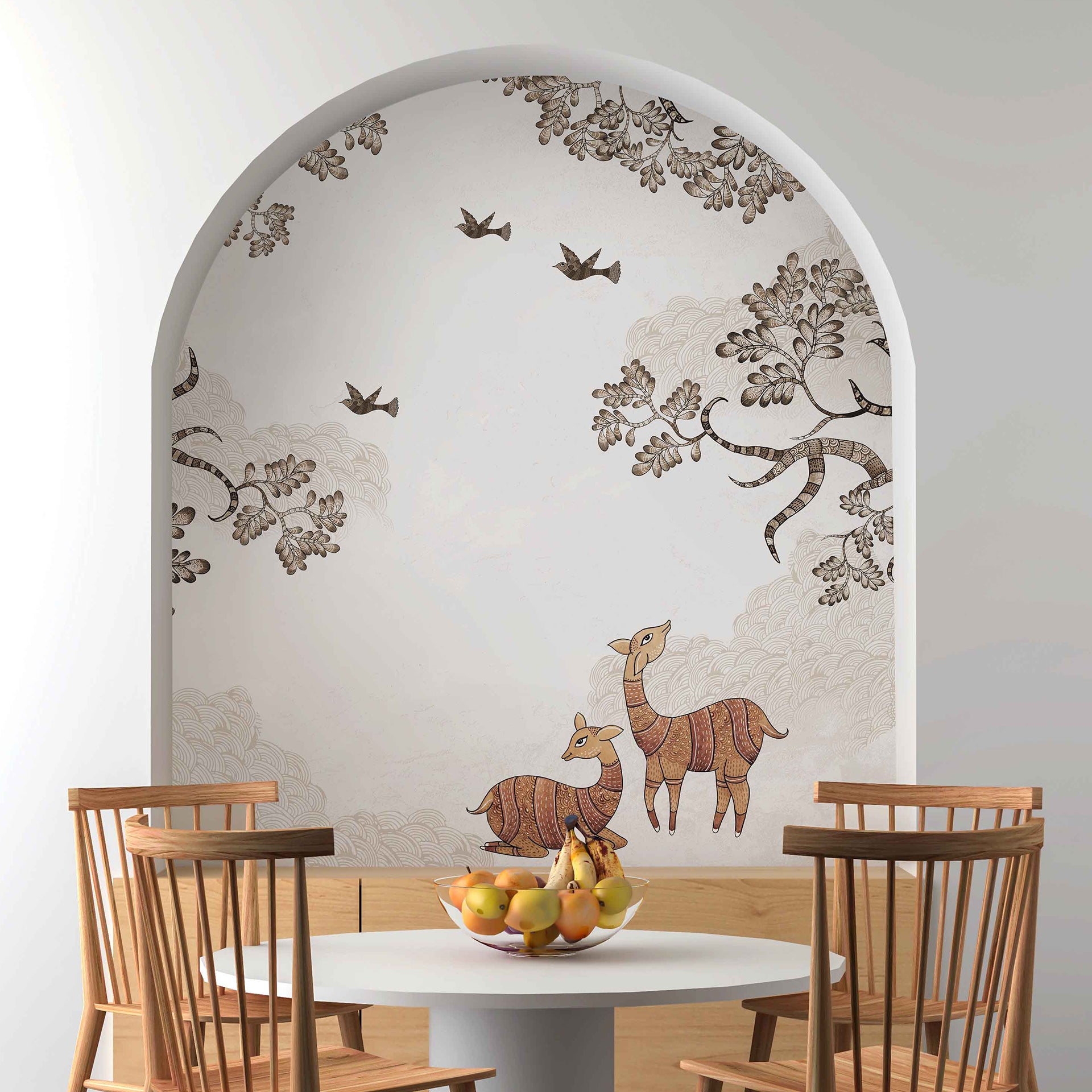 Shade of Stillness-Elegant Nature Illustration Featuring Deer and Birds Among Artful Trees