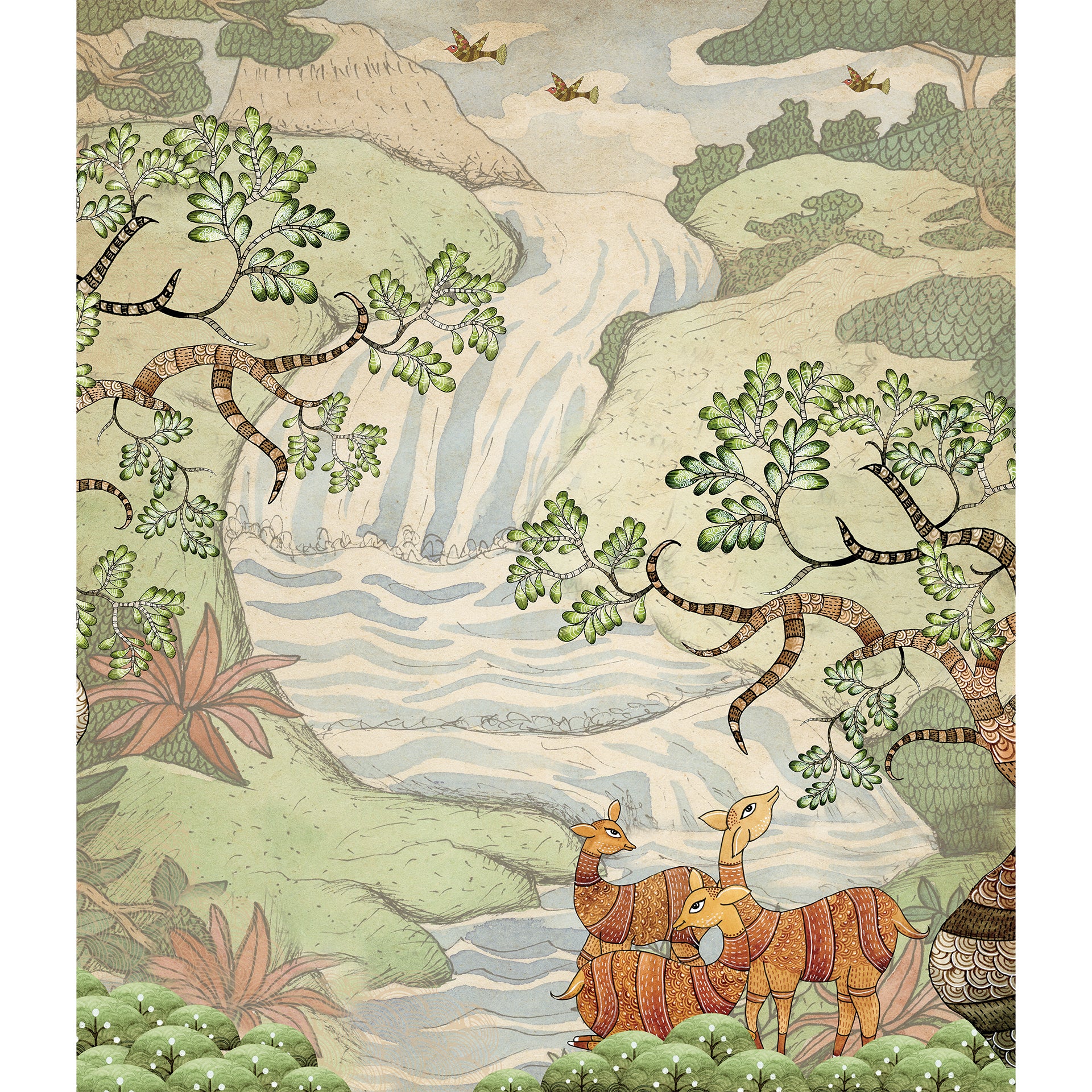 Forest Lullaby-Traditional Indian Artwork Depicting Nature, Animals, and a Serene Landscape