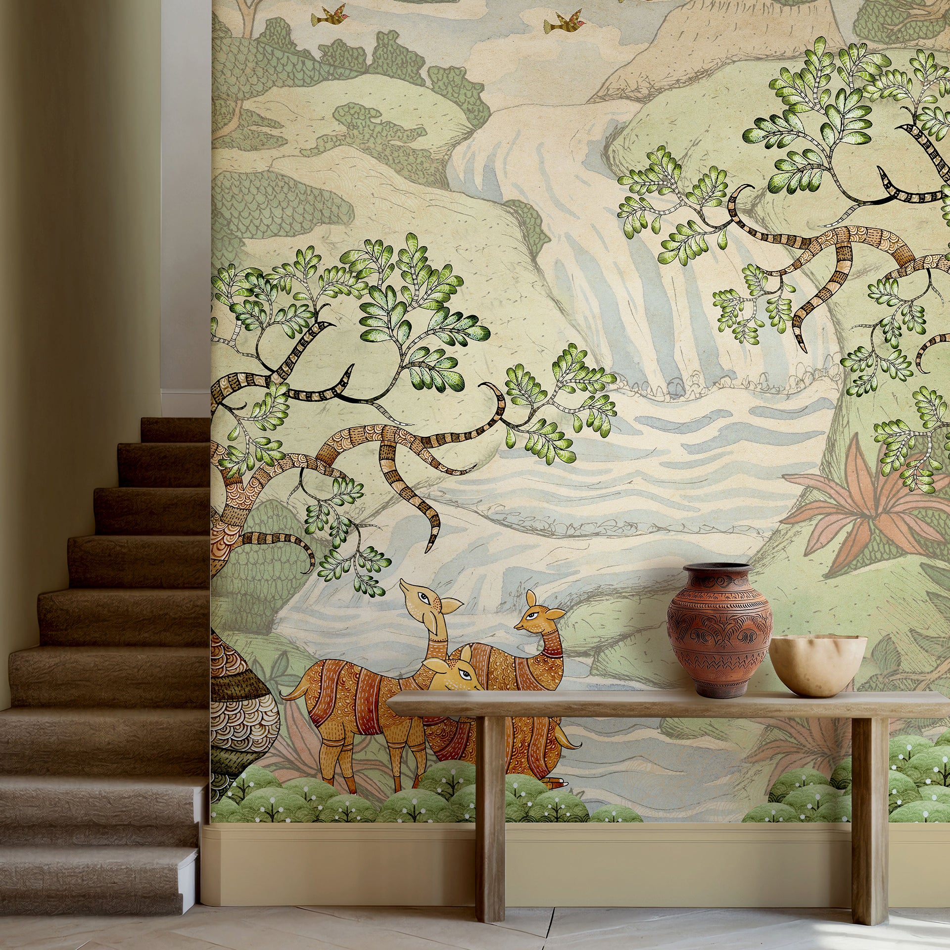 Forest Lullaby-Traditional Indian Artwork Depicting Nature, Animals, and a Serene Landscape