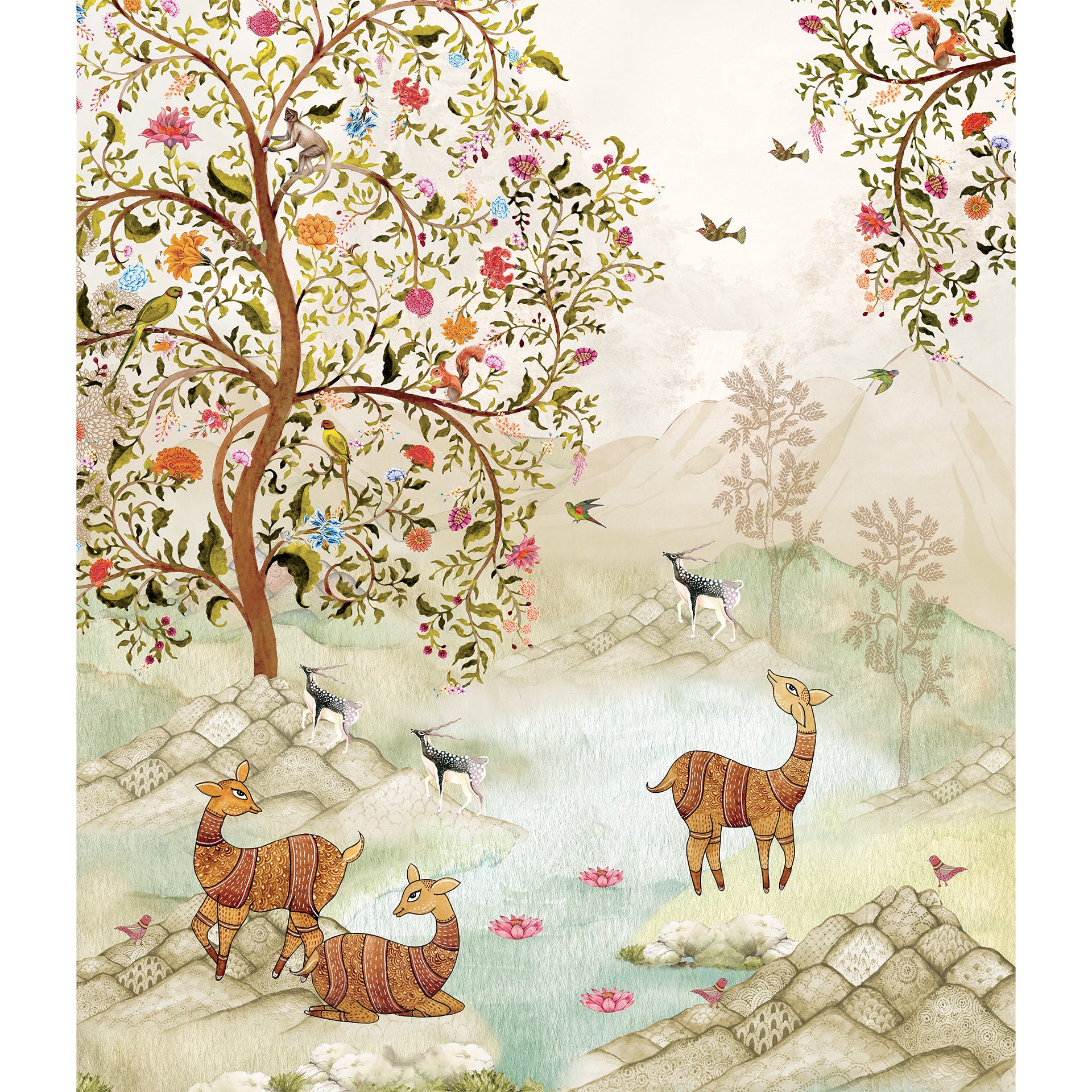 In Sync with Nature-Illustration of Nature Scene with Deer and Birds Amidst Trees and Flowers