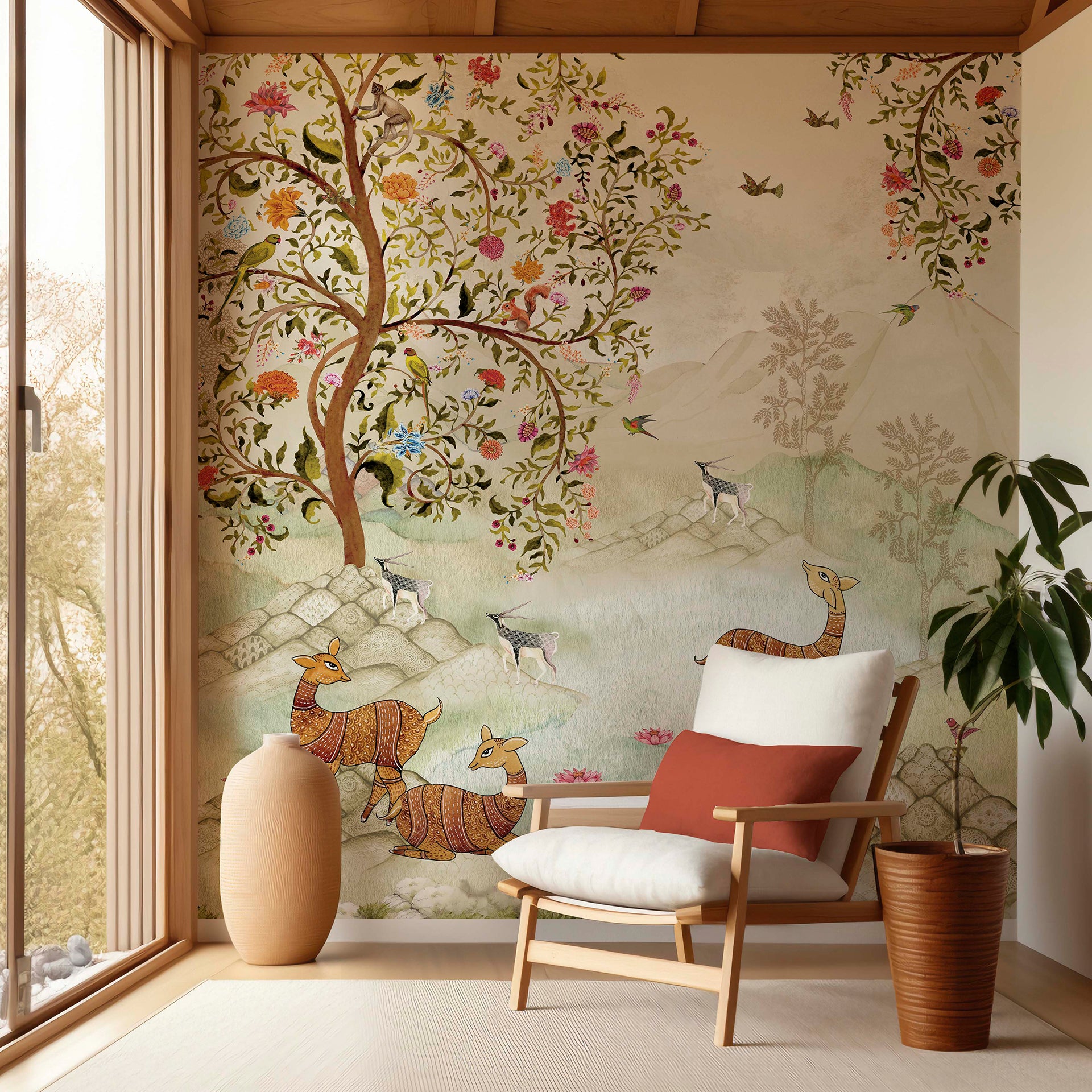 In Sync with Nature-Illustration of Nature Scene with Deer and Birds Amidst Trees and Flowers