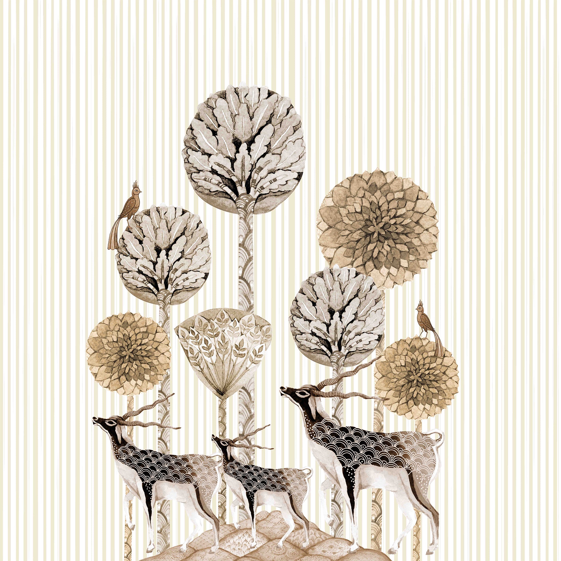 Into the Peaks-Elegant Botanical Art Scene With Deer and Birds Among Floral Elements
