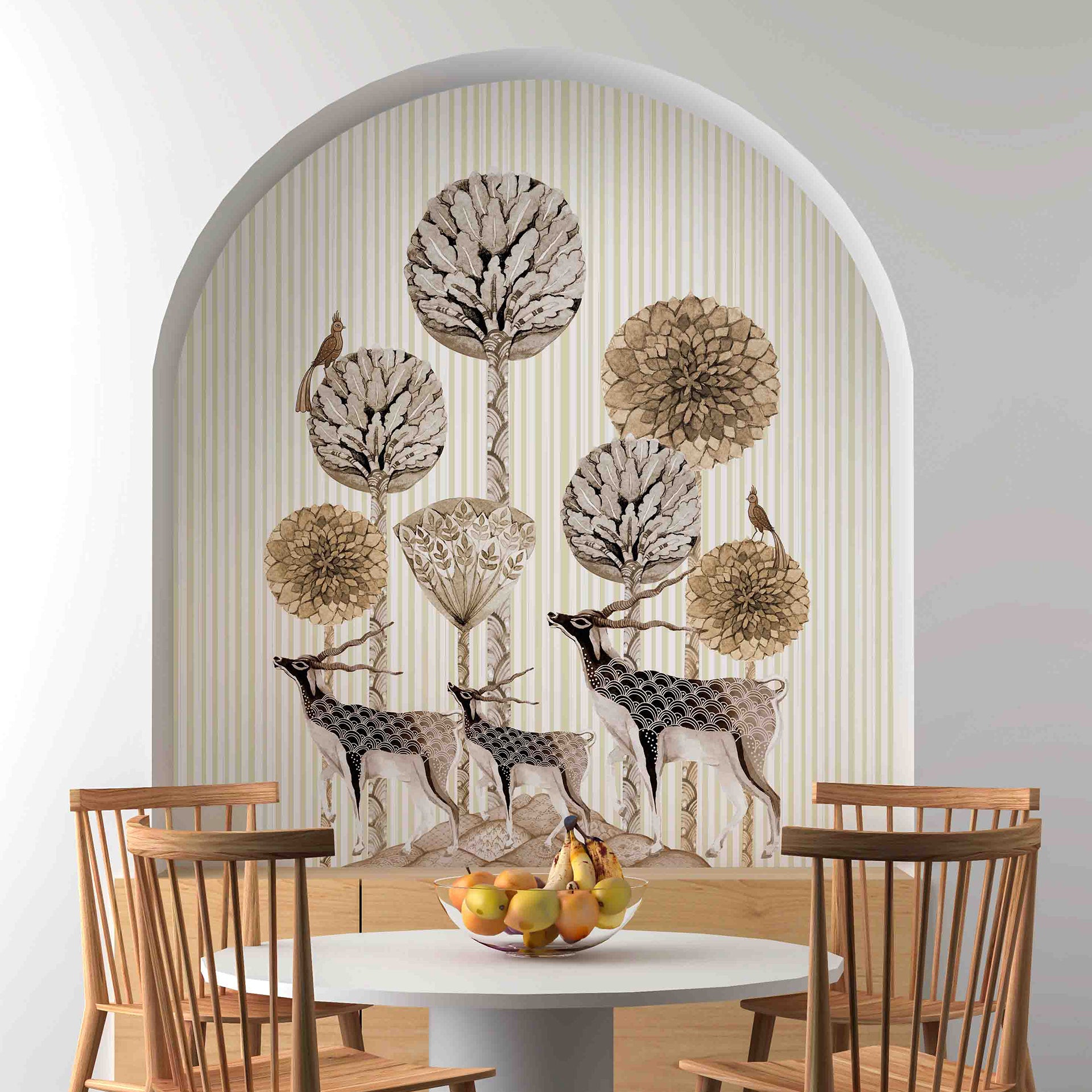 Into the Peaks-Elegant Botanical Art Scene With Deer and Birds Among Floral Elements