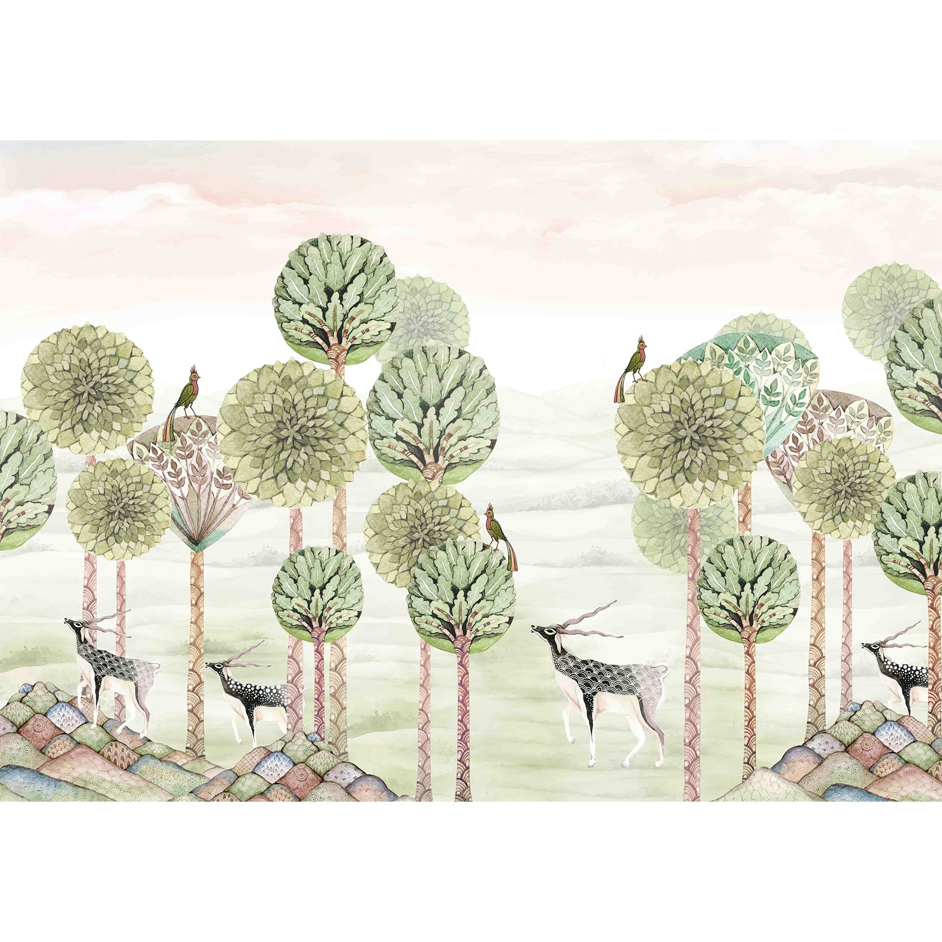Echoing Steps-Whimsical Forest Scene With Stylized Animals and Lush Green Trees