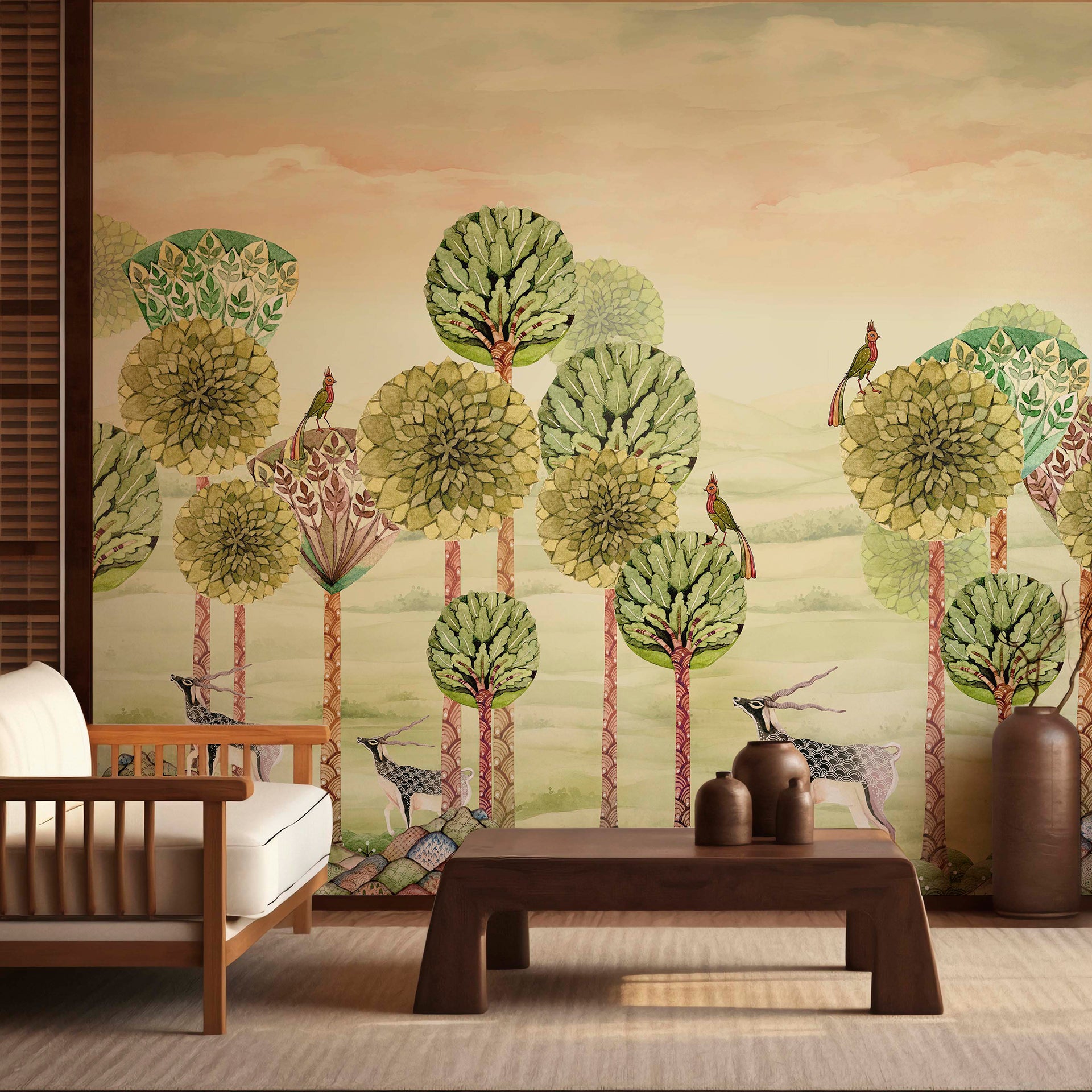 Echoing Steps-Whimsical Forest Scene With Stylized Animals and Lush Green Trees