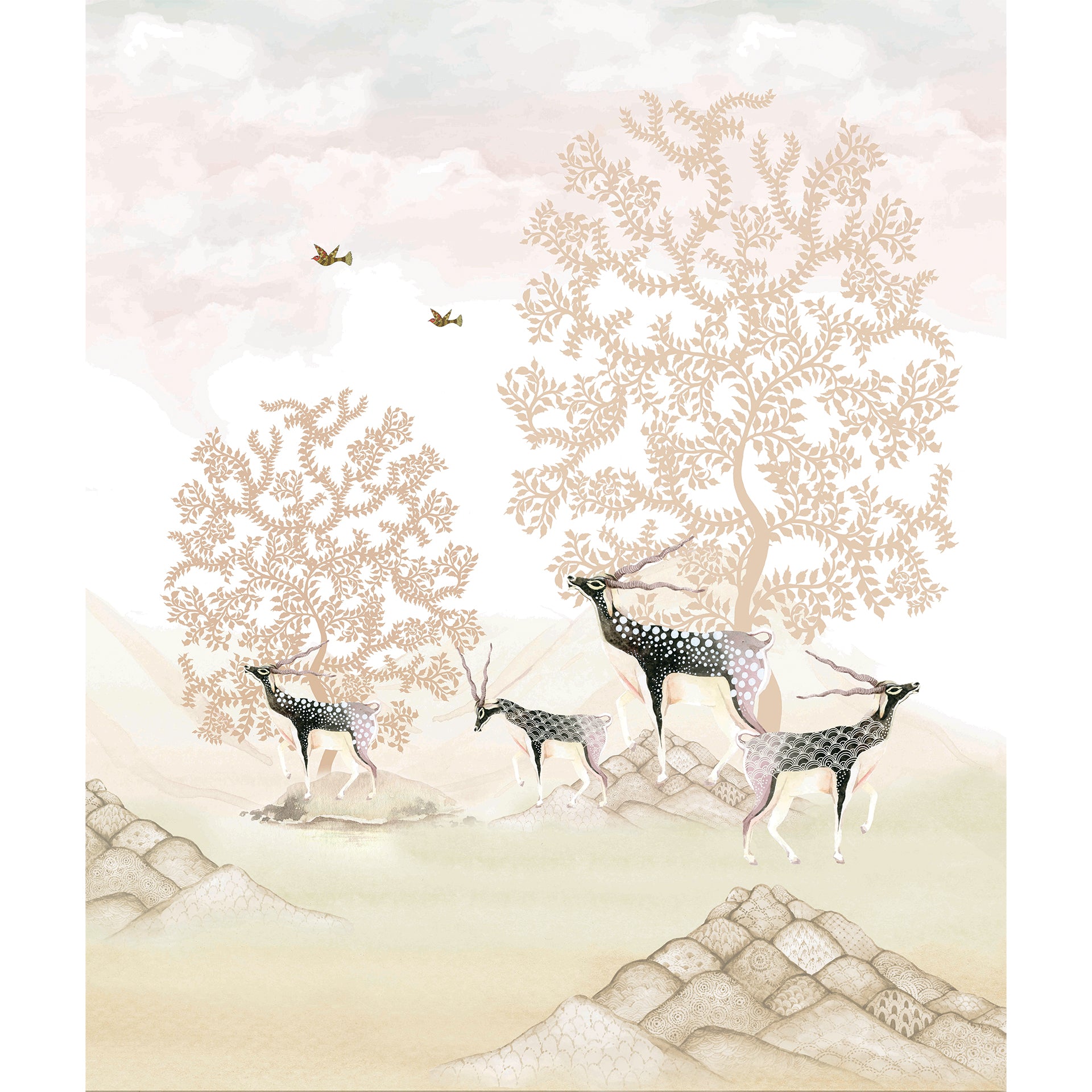 Woodland Watchers-Elegant Deer in a Stylized Natural Scenery with Artistic Trees and Hills