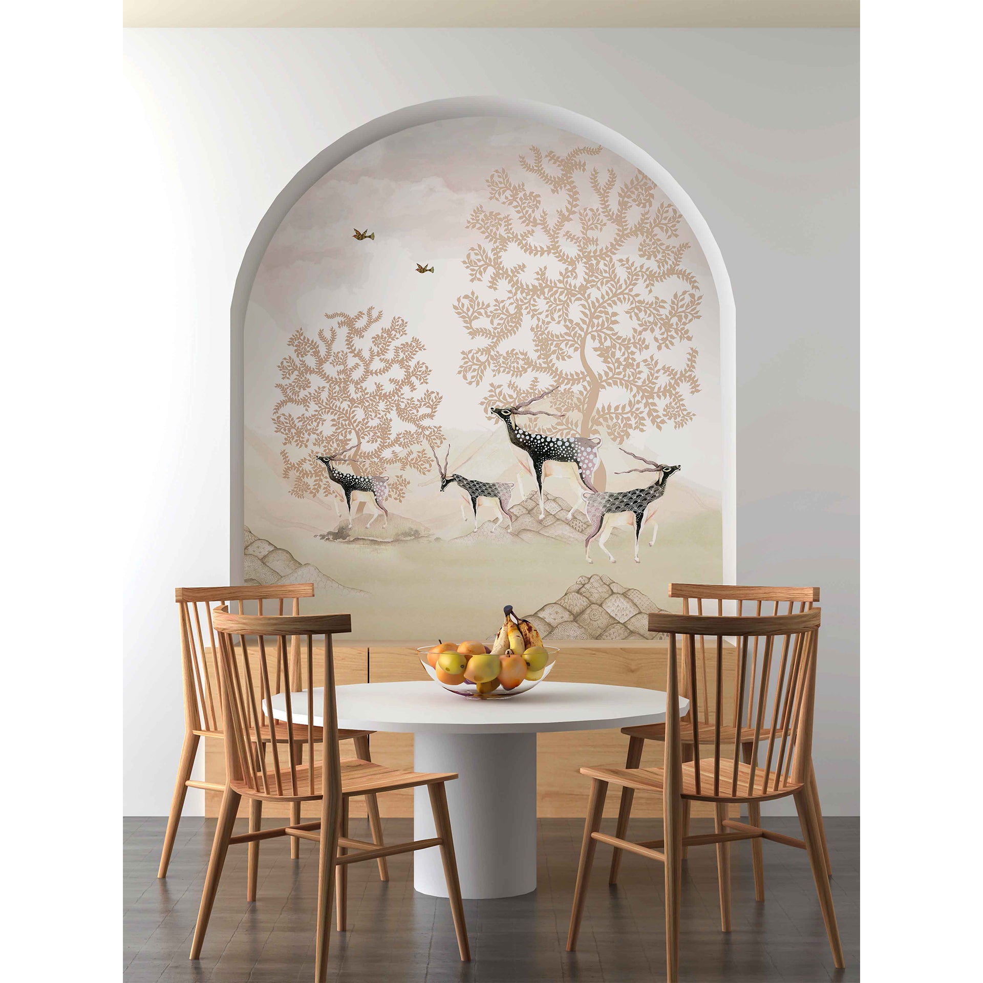 Woodland Watchers-Elegant Deer in a Stylized Natural Scenery with Artistic Trees and Hills