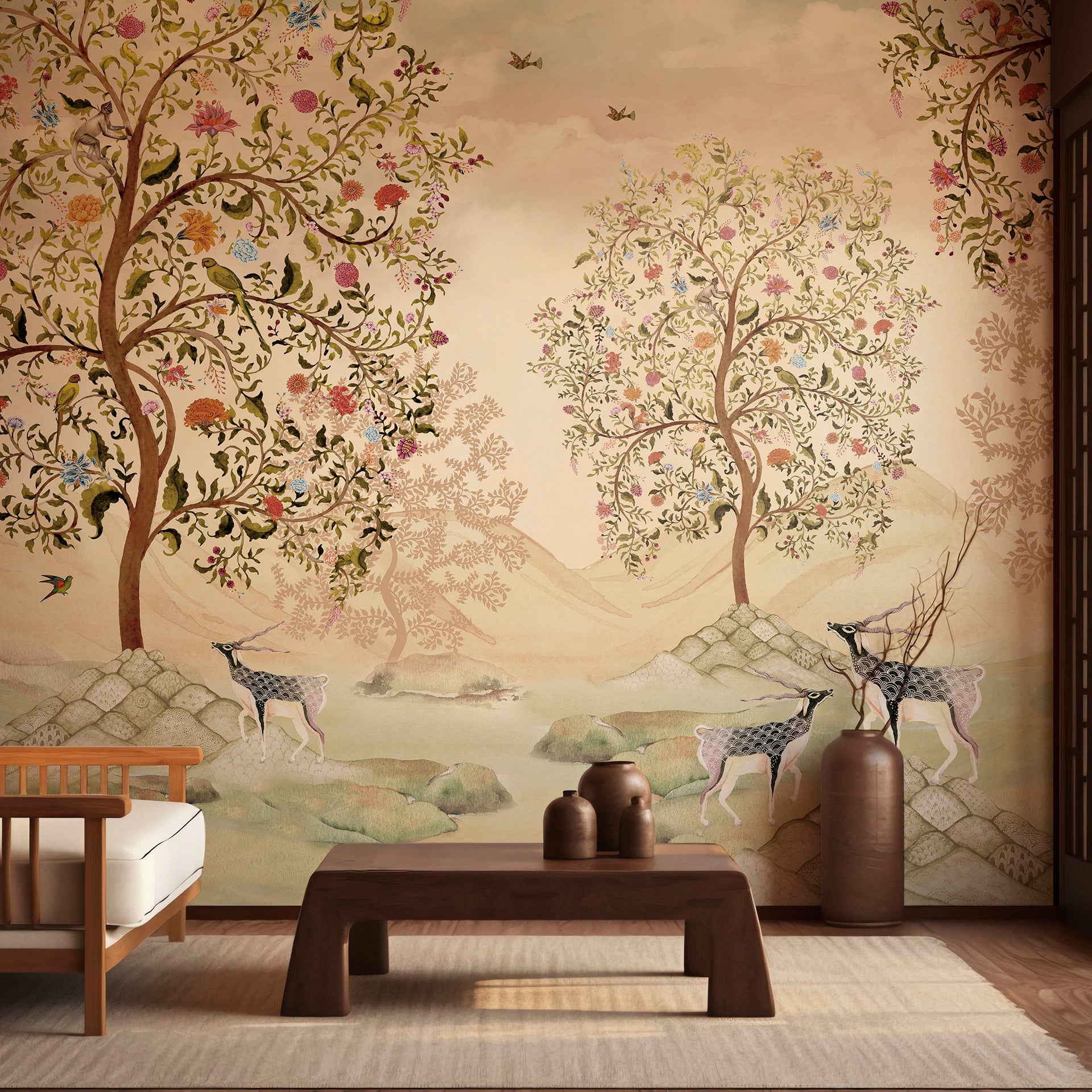 Sanctuary of Calm-Artistic Landscape With Flourishing Trees and Grazing Deer in Pastel Shades
