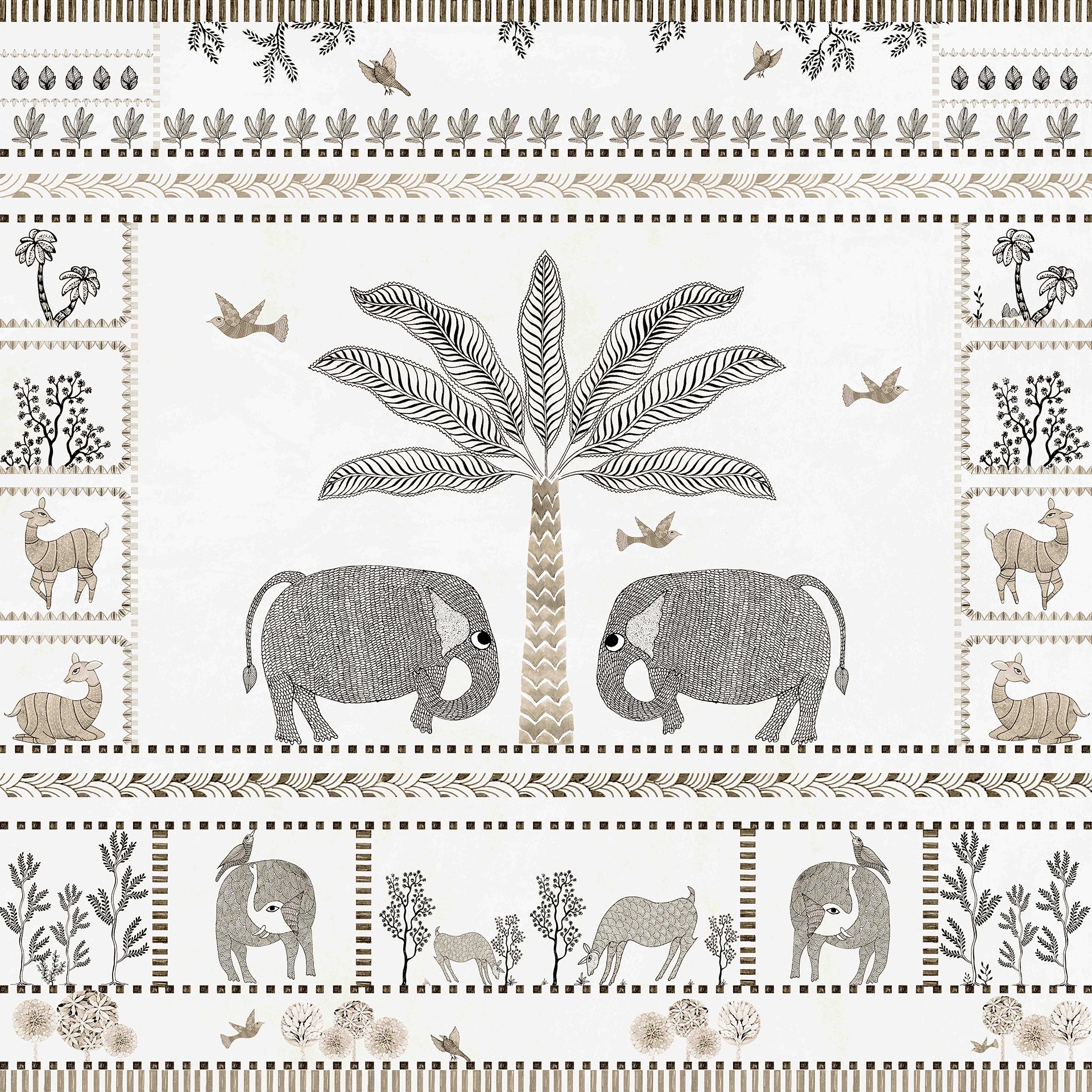 Tribal Trails-Handcrafted Elephant Tropical Art with Plants and Animals in Decorative Style