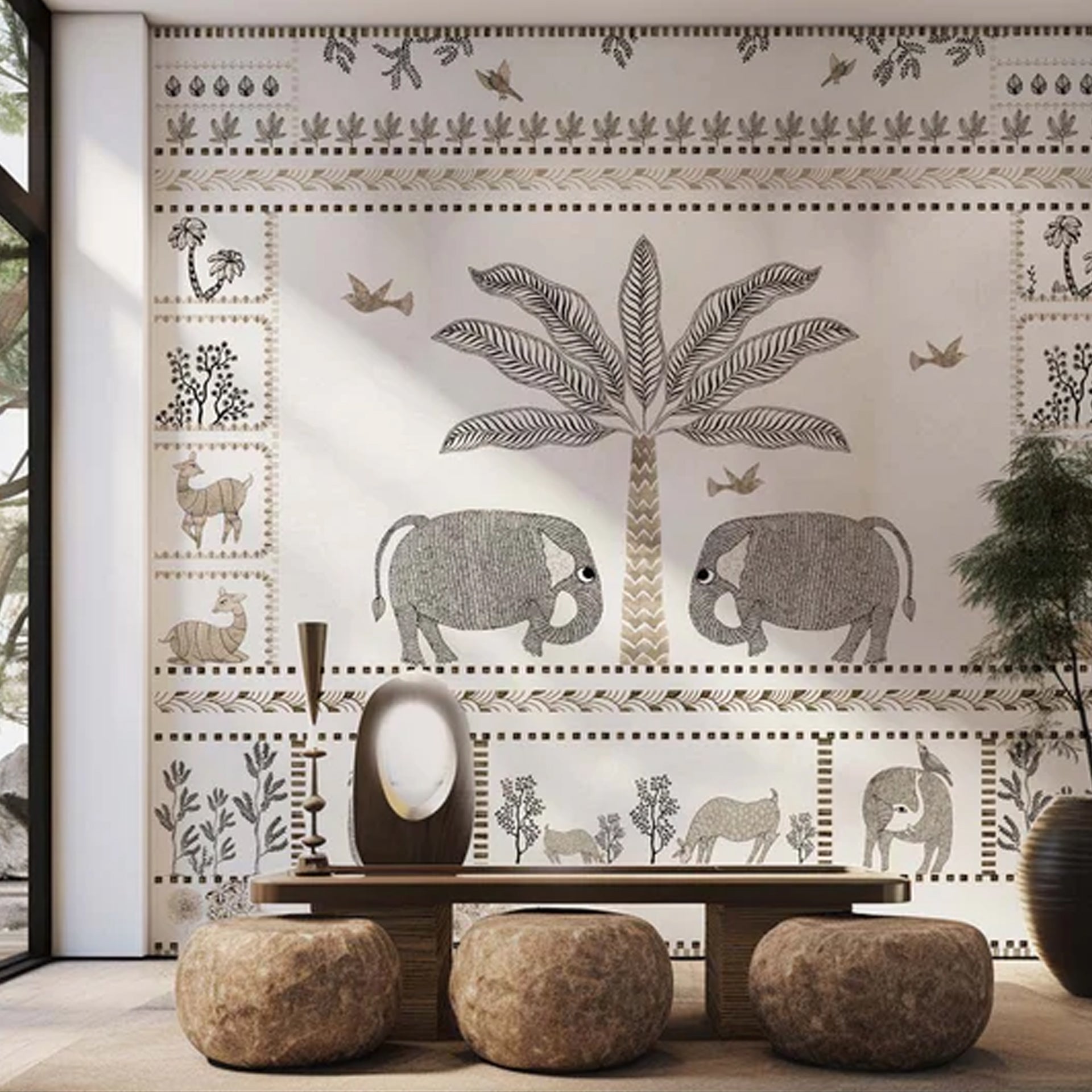 Tribal Trails-Handcrafted Elephant Tropical Art with Plants and Animals in Decorative Style